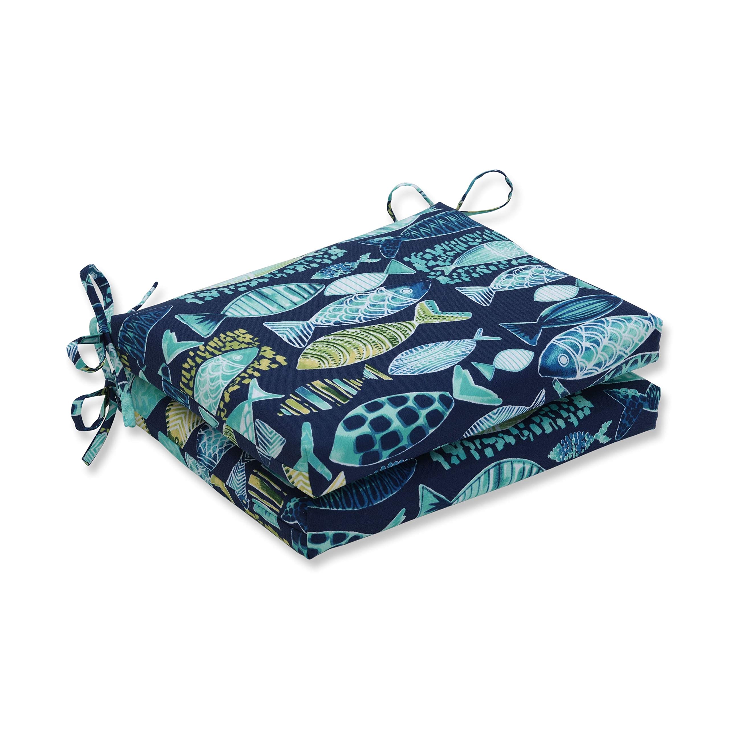 Pillow Perfect Outdoor/Indoor Hooked Lagoon Square Corner Seat Cushions, 18.5" x 16", Blue, 2 Count