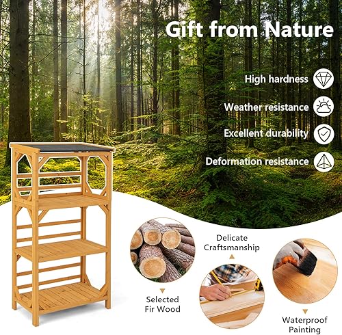 Miniatura 5 de Giantex Soporte para plantas con techo, estantes de almacenamiento al aire libre de 54 pulgadas, estante de madera de 3 niveles con techo de asfalto