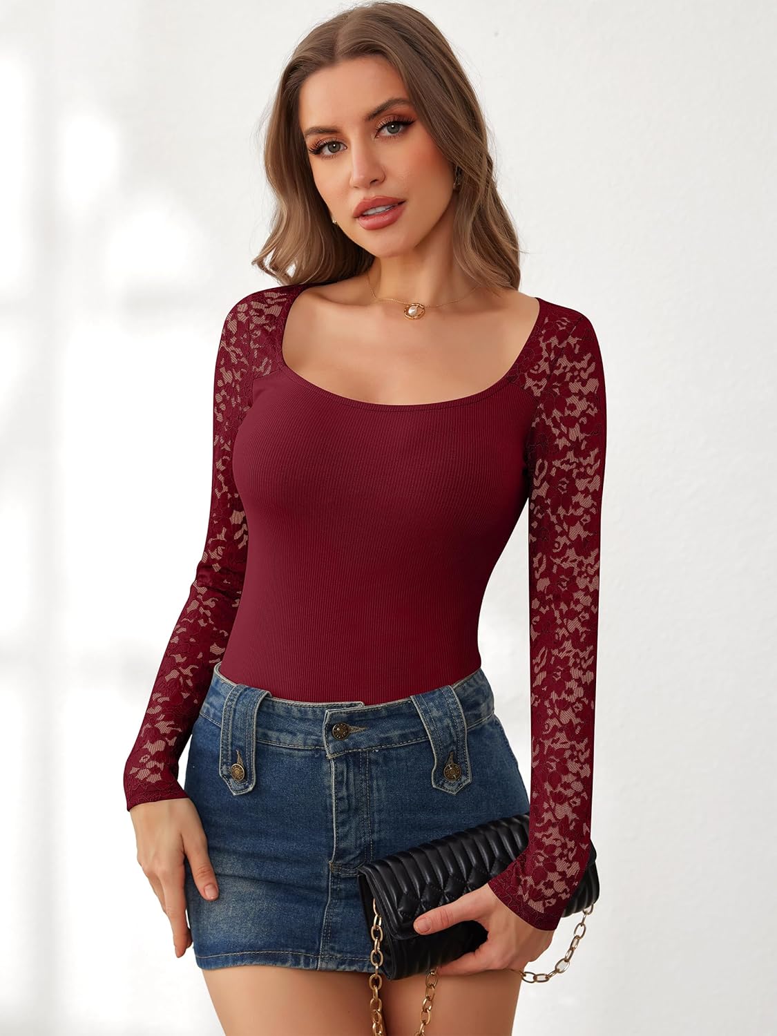 ANRABESS Womens Long Sleeve Shirts Scoop Neck Lace Going Out Tops Slim Fit Rib Knit Casual Blouses 2025 Fall Fashion Outfits - Image 6