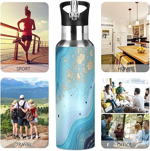 Miniatura 5 de Kcldeci Botella de agua deportiva Ocean Marble Blue Gold de 20 onzas con aislamiento al vacío de acero inoxidable con pajita, taza térmica de metal