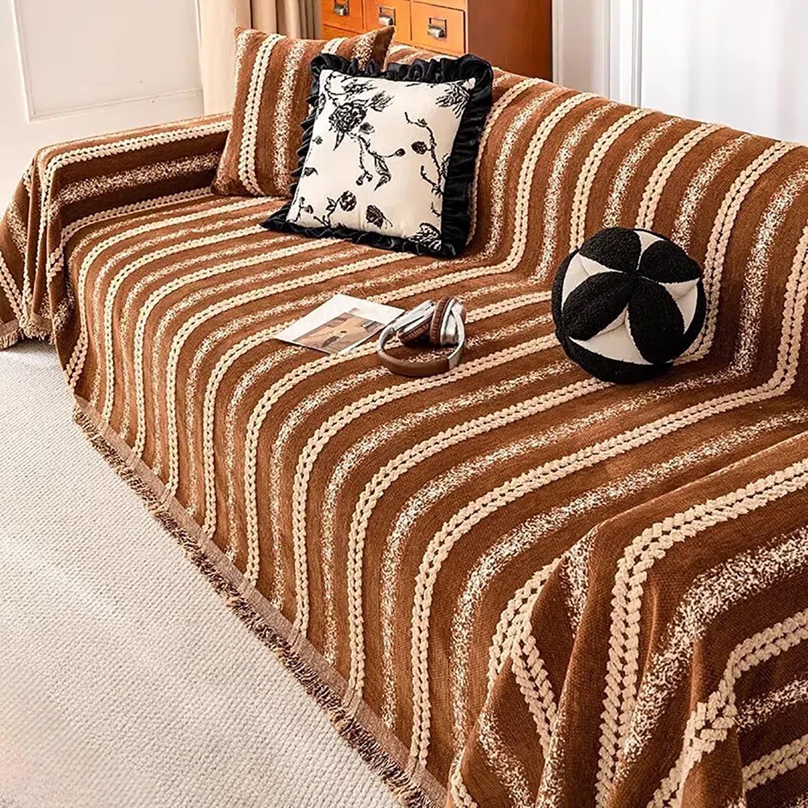 Housse de canapé 4 places marron 180x340 cm en chenille XL
