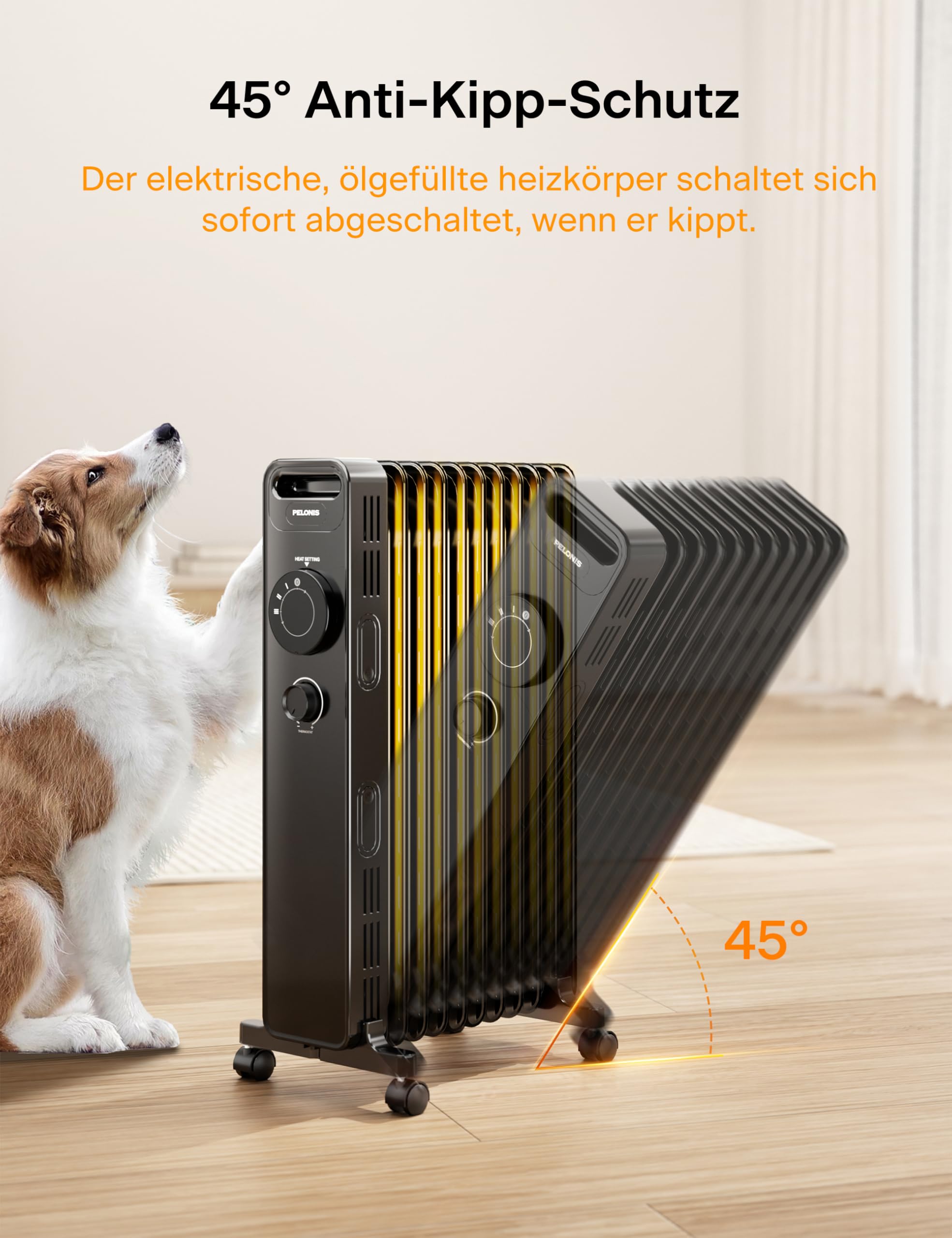 PELONIS Radiador de Aceite 2300W con Aletas en J, 3 Potencias y Termostato, Silencioso, Seguridad Antivuelco, Eficiencia Energética A para Dormitorio, Salón