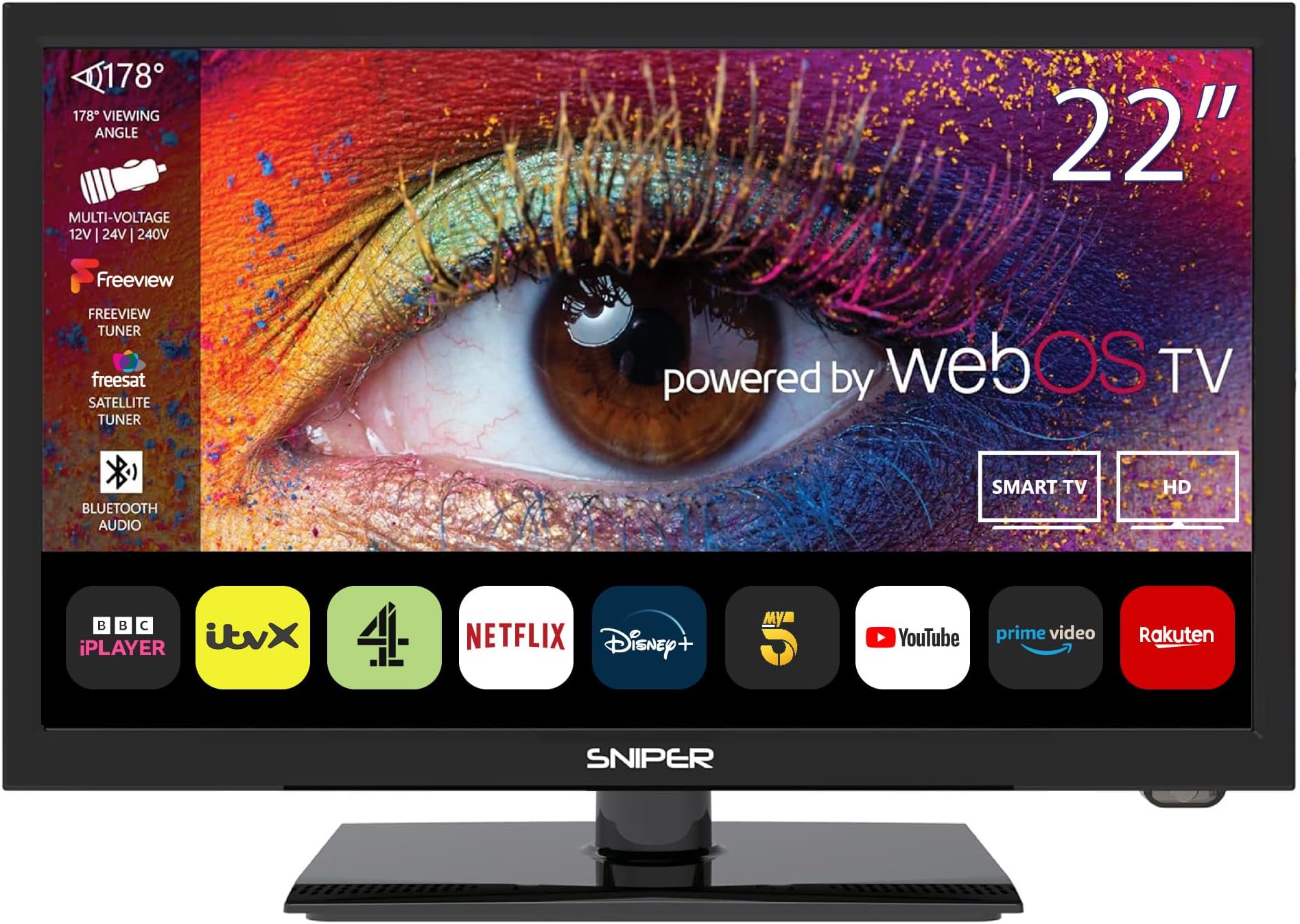 – Sniper 22″ SMART LED Camping TV – webOS – Bluetooth 5.0, Wifi, Freeview Tuner, Satellite Tuner, Streaming & Catchup, 3 x HDMI, 2 x USB, Multimedia player, HD
