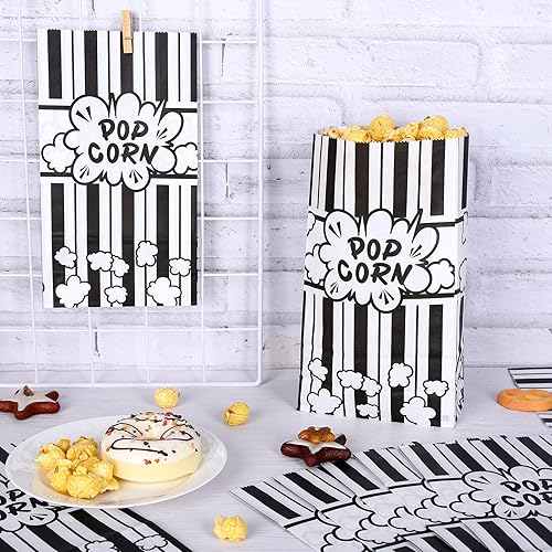 Miniatura 3 de Whaline 200 bolsas de papel para palomitas de maíz de noche de película, 2 onzas, rayas blancas y negras, contenedor de palomitas de maíz de fondo