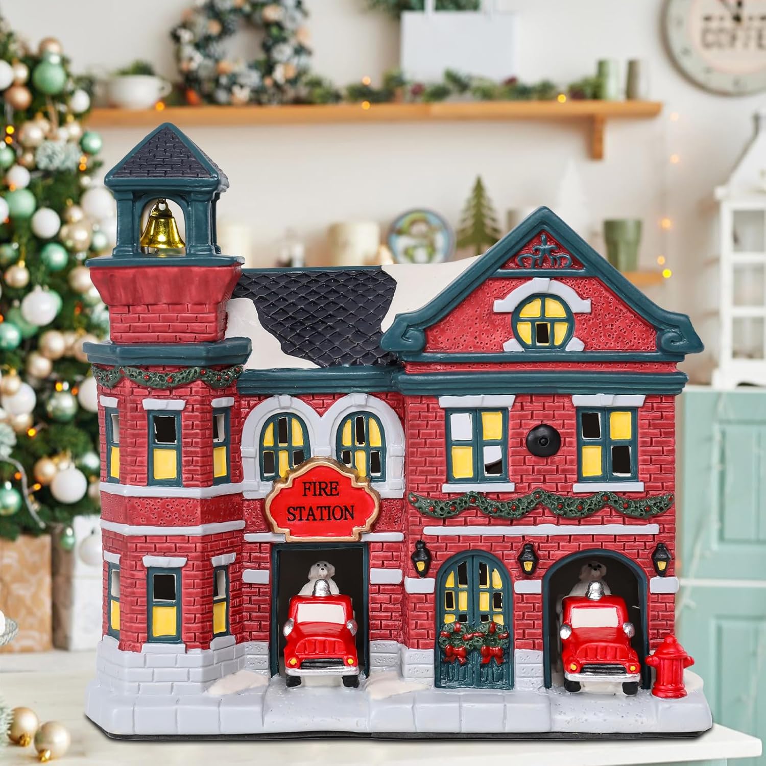 taman Christmas Ceramic Village, Fire Station with Warm Lights Xmas Village House Tabletop Decoration for Christmas Tabletop Home Décor Kids' Gift