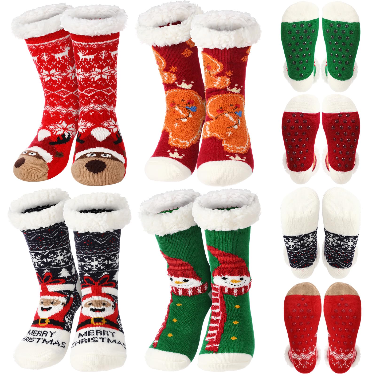 Geyoga 4 Paar Flauschige Weihnachtssocken für Damen Plüsch Hausschuhsocken Sherpa Futter Gemütliche Rutschfeste Wintersocken Süße Weihnachtsstrumpffüller Partygeschenk