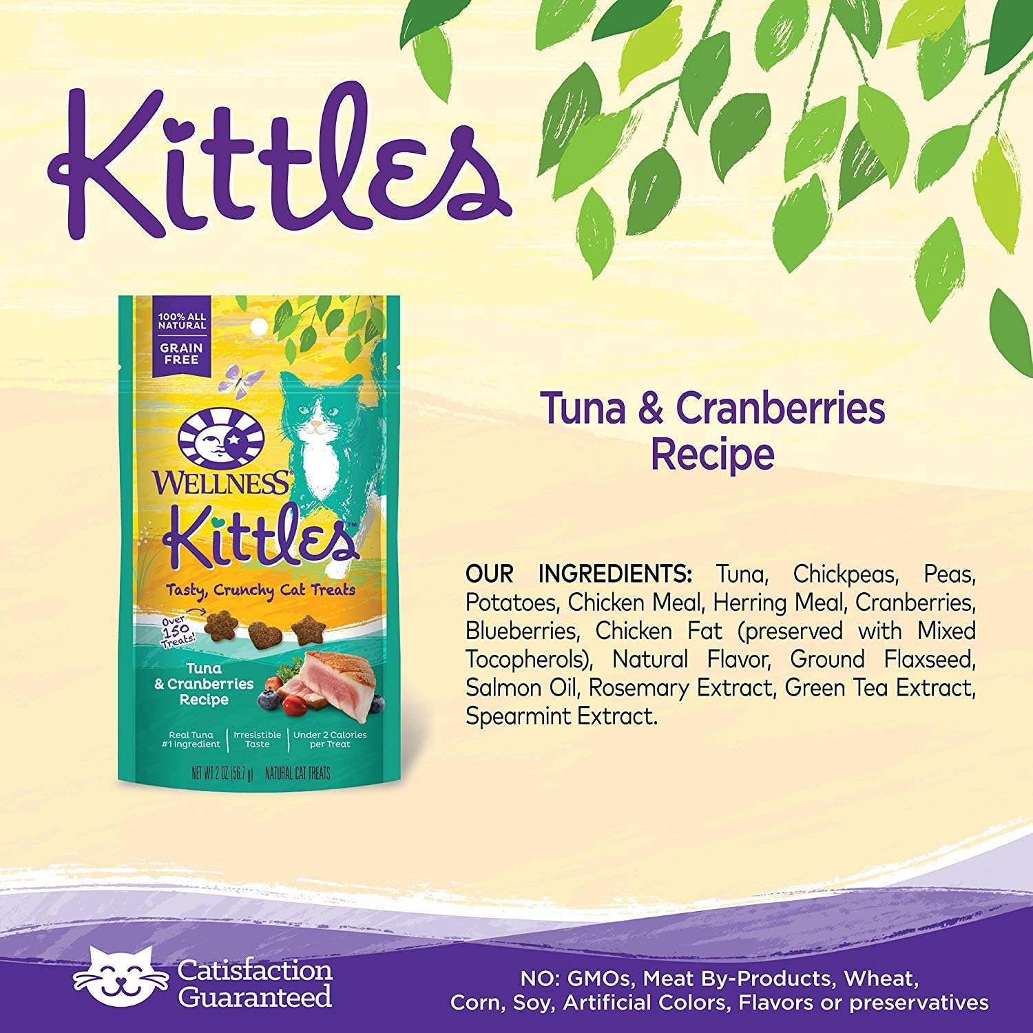 Wellness 4 Pack of Tuna & Cranberries Kittles, 2 Ounces Each, Crunchy Natural Grain-Free Cat Treats
