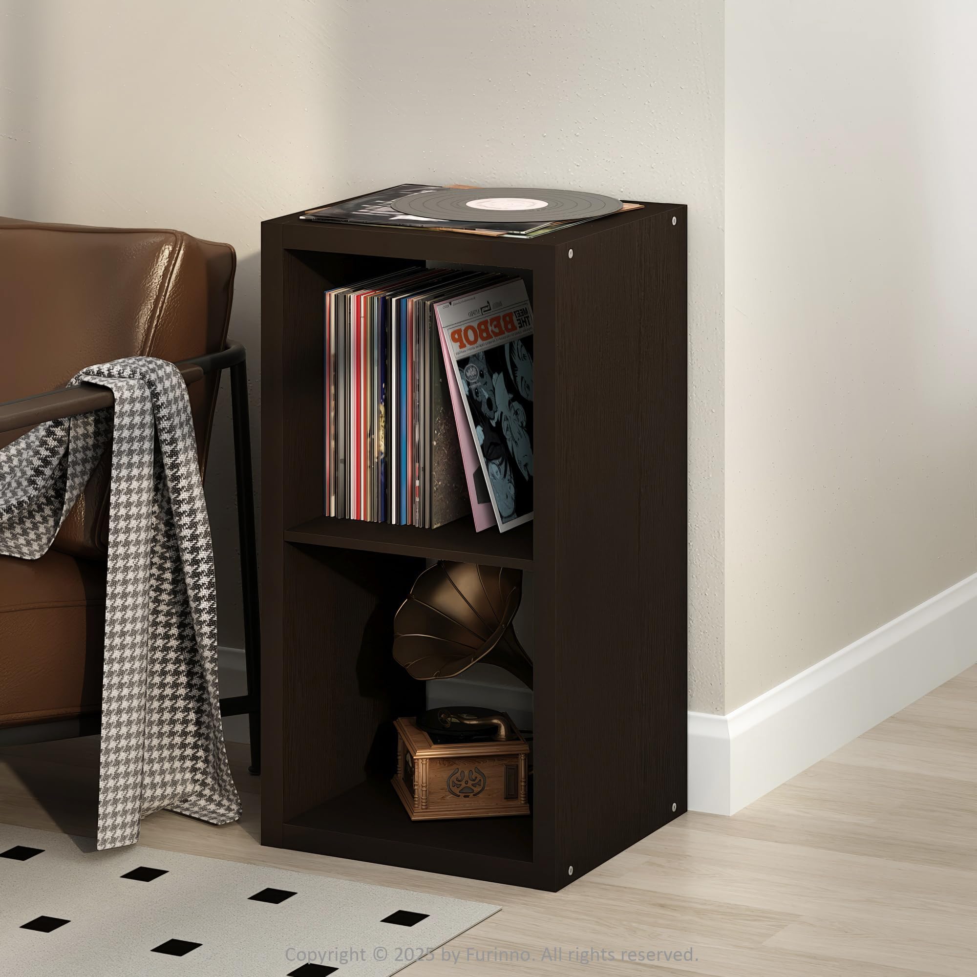 Furinno Cubicle Record Player Stand, 2-Cube Record Storage, Dark Oak