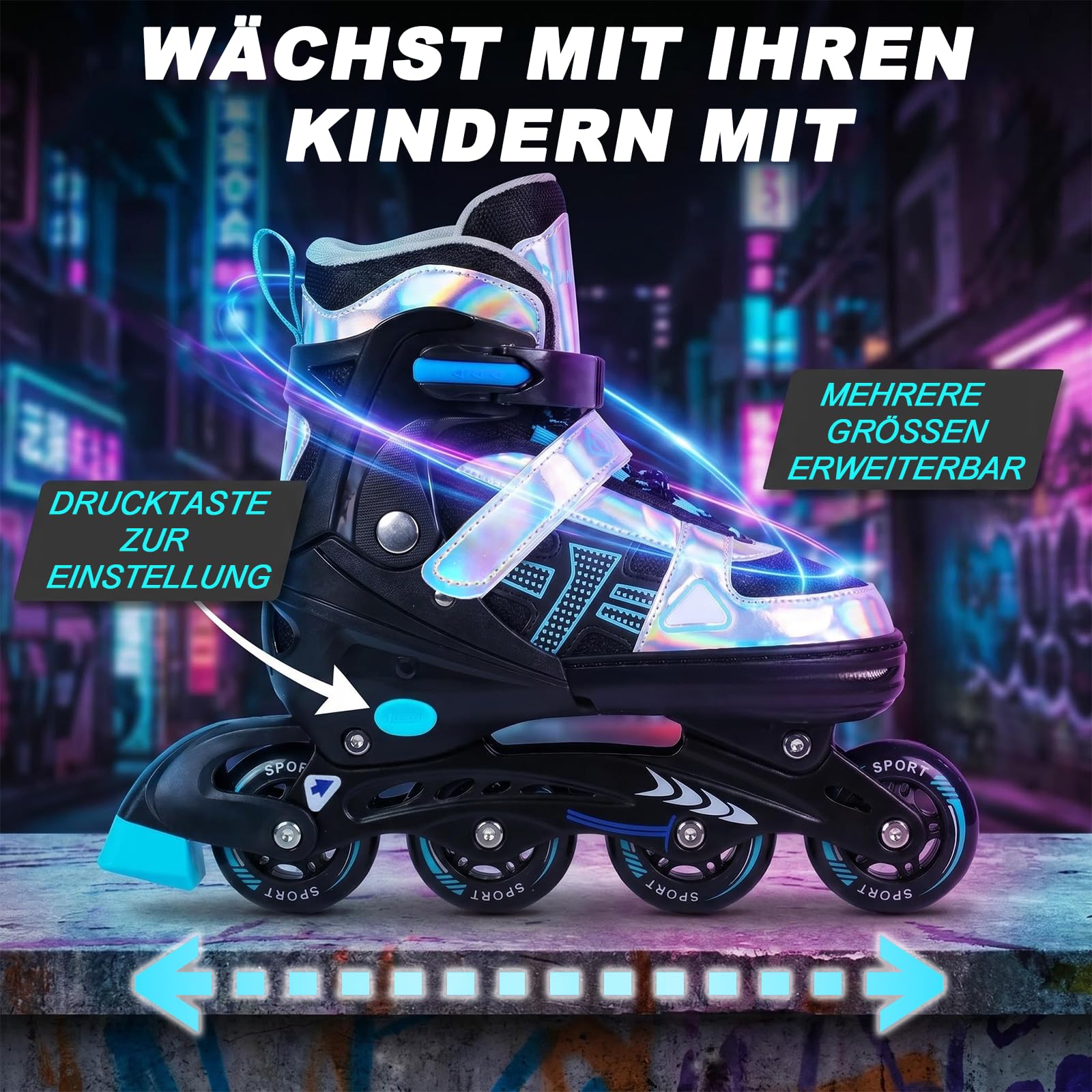 Inline Skates Kinder Verstellbare Rollschuhe für Jungen Mädchen | 4 Größen verstellbar, 3 Größenauswahl; 4 leuchtende Räder, Sport für drinnen und draußen, Geschenk für Kinder