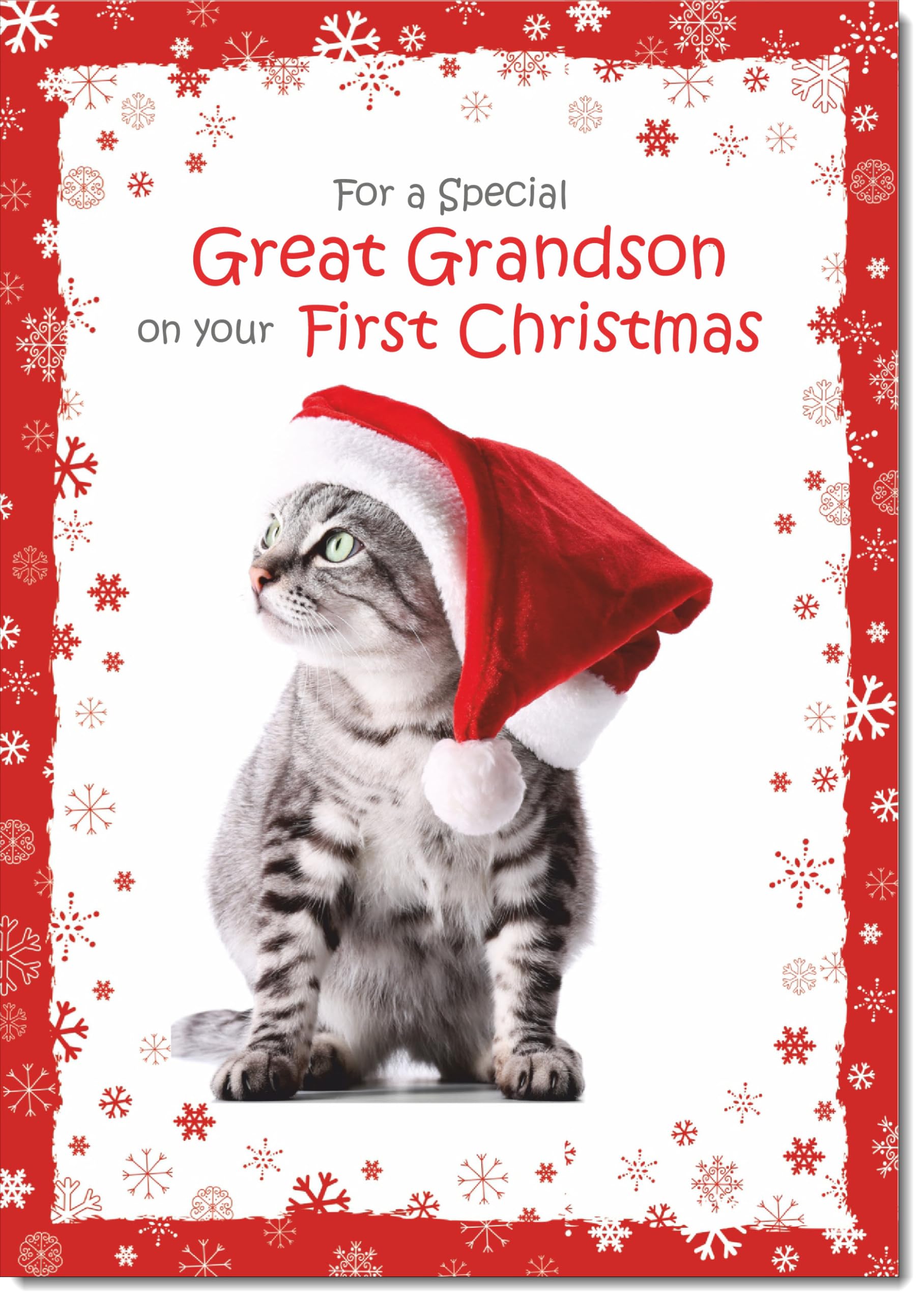 doodlecards Great Grandsons 1st First Christmas Card Kitten in a Santa Hat Large A4 Size Christmas Card for Great Grandsons 1st with Plain Envelope — image 1