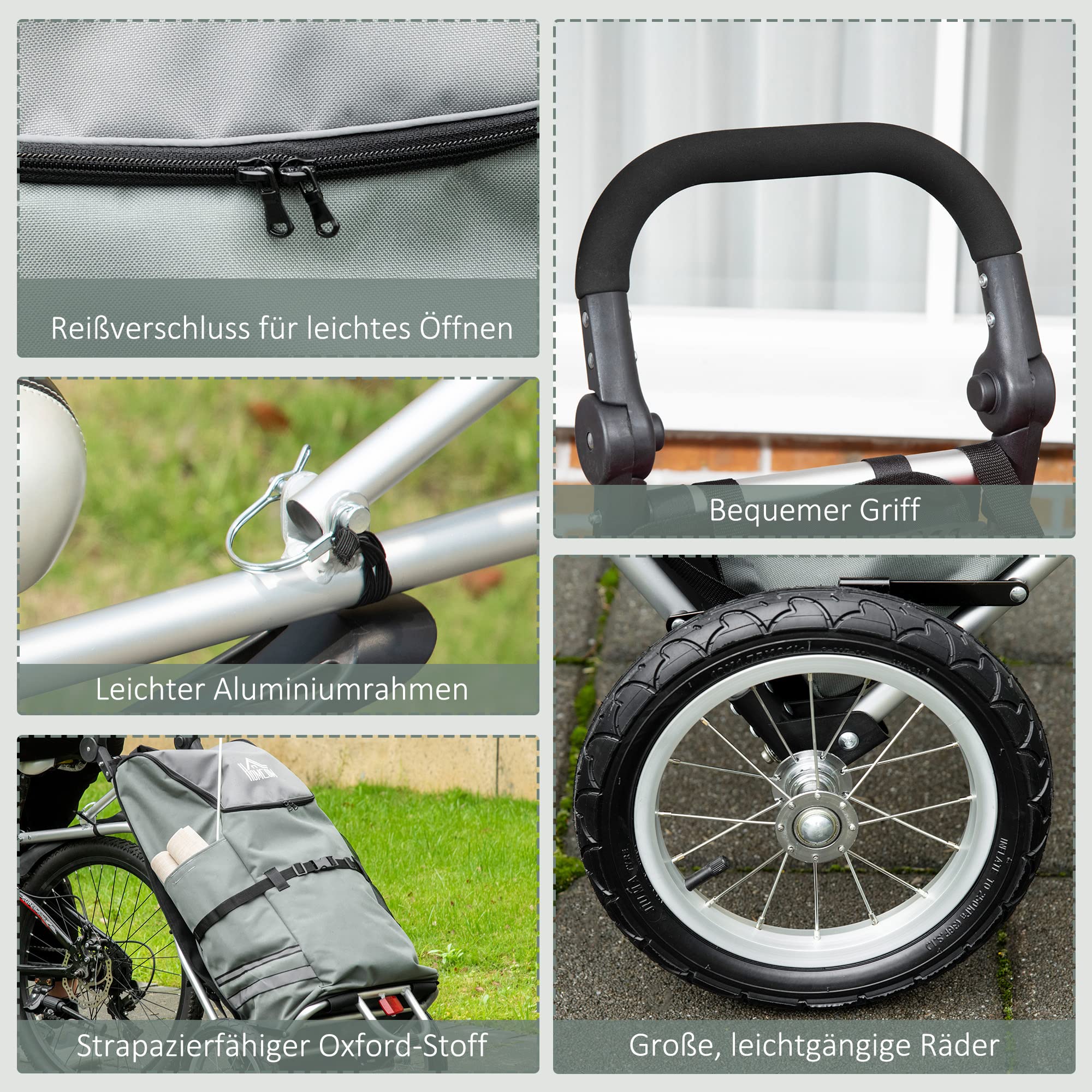 HOMCOM 2 in 1 Lastenanhänger Fahrradanhänger Grau+Silber 53x43x110 cm | Einkaufstrolley, Transportanhänger, mit Verbindungsschellen für Fahrradkupplung, 24,3 kg Max, 55 L, Alu+Oxford