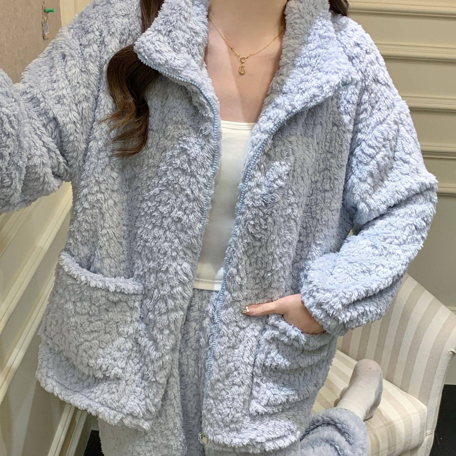 Generisch Pijama largo de franela para mujer, cuello redondo, forro polar, invierno, térmico, manga larga, de rizo, pijama de dos piezas, ropa de dormir cómoda
