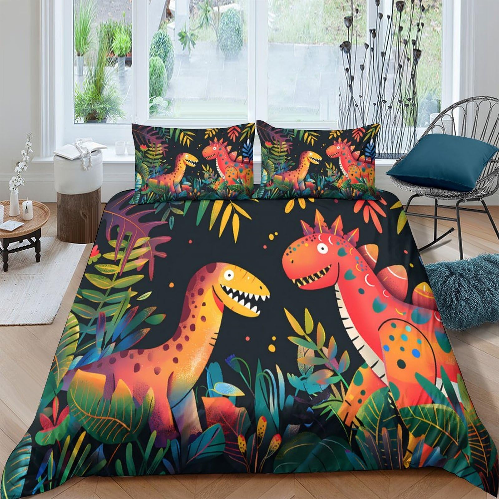 GPLZQXKJNH 3D Printed Colourful Dinosaur Duvet Cover Microfiber Soft Breathable Jungle Animal Bedding Set with 2 Pillowcases for Bedroom Decor Single（135x200cm）
