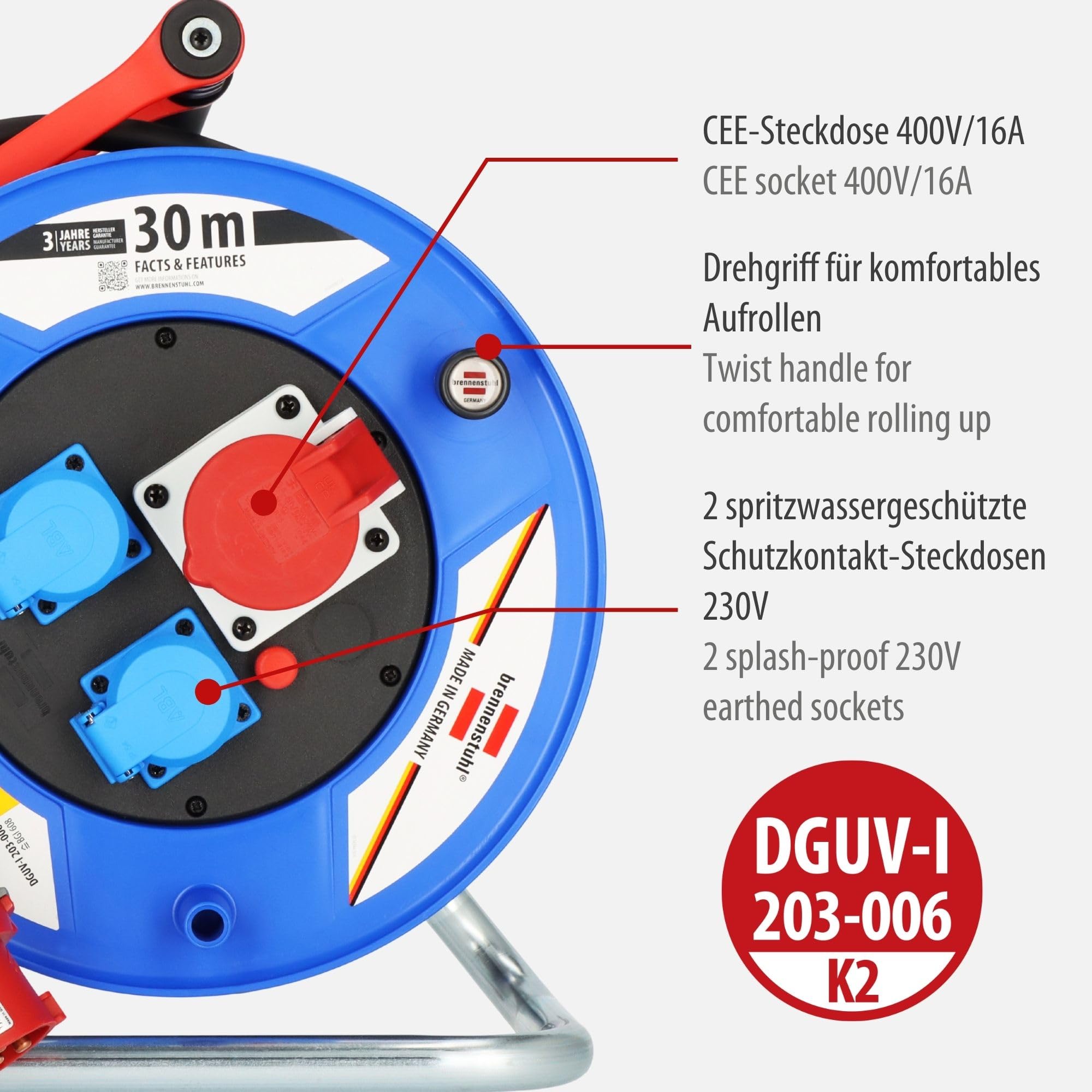 Brennenstuhl Garant CEE 1 IP44 Industrie-/Baustellen-Kabeltrommel (30m Kabel in schwarz, Spezialkunststoff, Baustelleneinsatz und ständiger Einsatz im Außenbereich, BGI 608, Made in Germany) blau