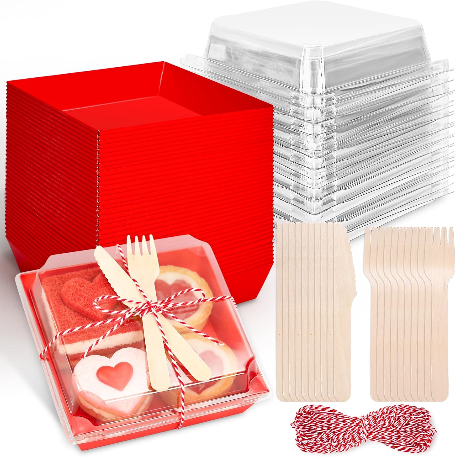 Whaline 50 Set Red Small Charcuterie Boxes with Clear Lids Forks Knives Mother's Day Clear Mini Dessert Box Disposable Food Container for Gift Giving Wedding Party Sandwich Cookie Sushi Cake
