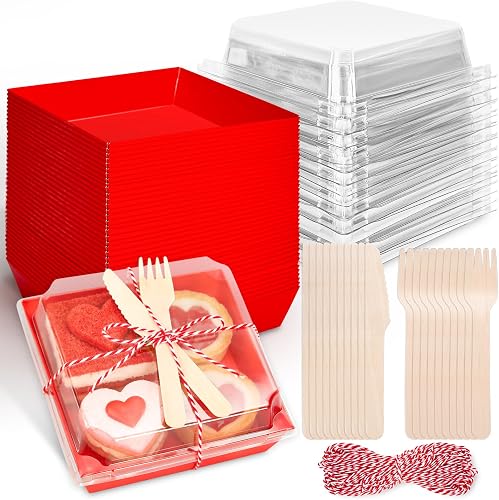 Whaline 50 Set Red Small Charcuterie Boxes with Clear Lids Forks Knives Mother's Day Clear Mini Dessert Box Disposable Food Container for Gift Giving Wedding Party Sandwich Cookie Sushi Cake