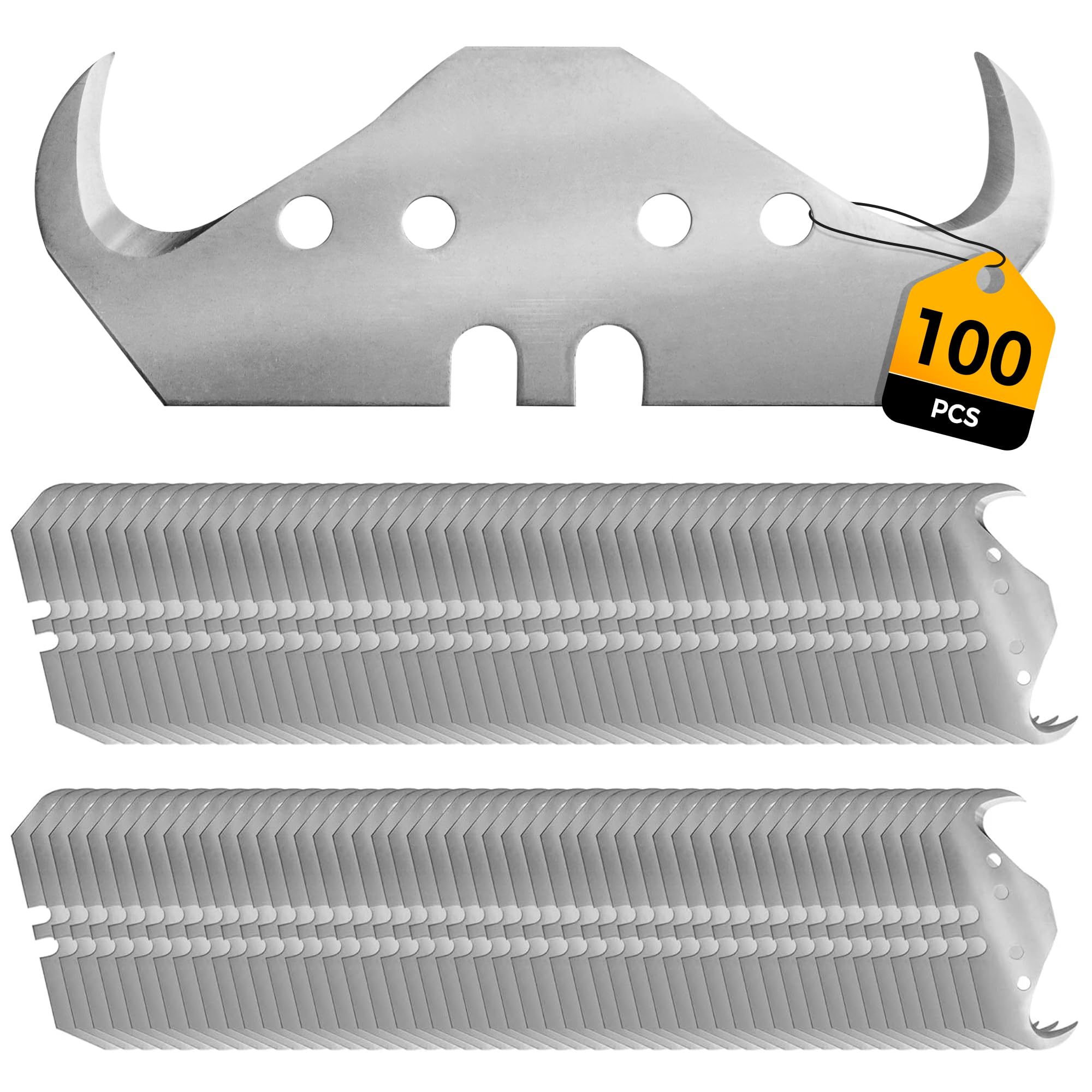100PCS Utility Hook Blades, SK5 Carbon Steel Super Big Hook Trimming Blades, Safety Horn Knife Blade for Wallpaper, Cutting Carpets, Roofing, Industry Materials