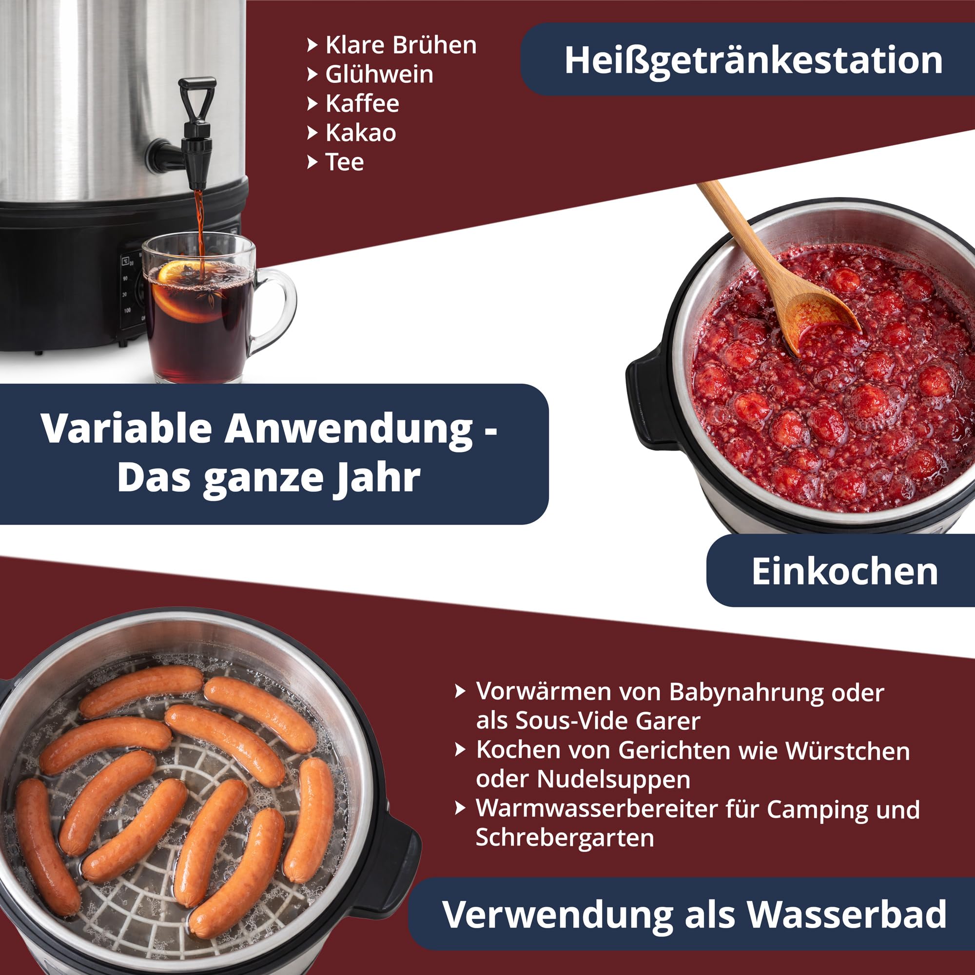 Stagecaptain GWK-27A Glühweinkocher - Einkochautomat mit 27 Liter - 2000 Watt - Gebürsteter Edelstahl - Einfache Bedienung (Temperatur und Zeitschaltuhr) - Abschaltautomatik - Silber