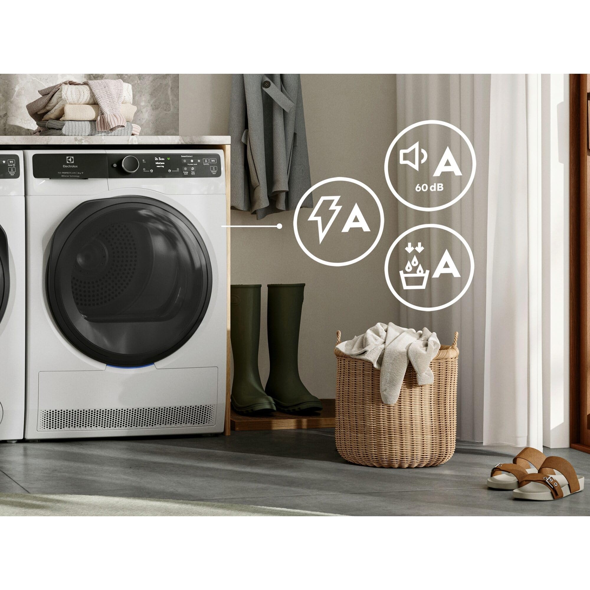 Electrolux Serie 900 PerfectCare, Asciugatrice a Pompa di Calore, 9 kg, EW9H4Y9A, Classe A, 12 Programmi, Connettività Smart App, Tecnologia 3DSense, Filtro EcoFlow, 60 dB, 850x596x636 mm