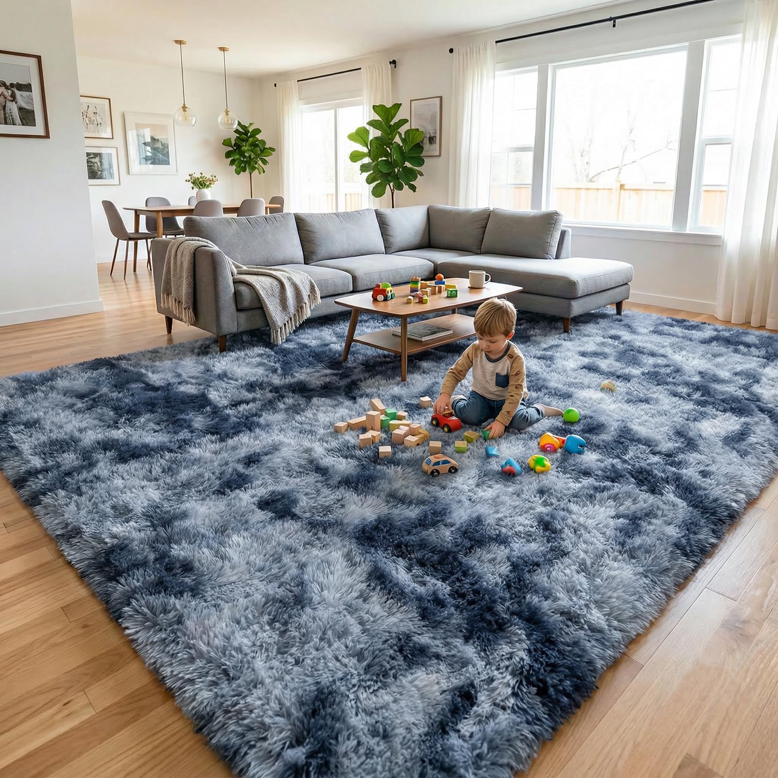 DweIke Fluffy Blue Grey Rugs for Bedroom Living Room, 4x6 Feet Soft Plush Shaggy Tie-Dyed Navy Blue Gray Girls Boys Kids Rug, Upgraded Non-Slip and Machine Washable Carpet for Dorm Nursery Decor