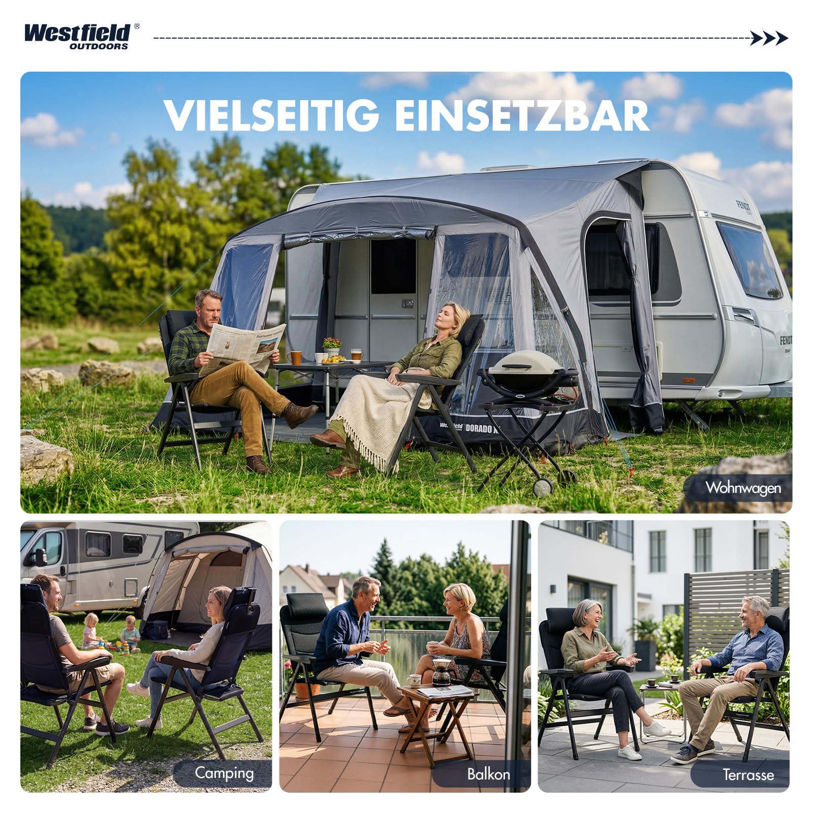 Westfield Outdoors Advancer Ergofit Campingstuhl Faltbar, 5-Fach Verstellbar, Klappstuhl Hohe Rückenlehne, Atmungsaktiver, Kopfteil, für Garten, Wohnwagen, Camping, 160 kg Belastbar, Nachtblau