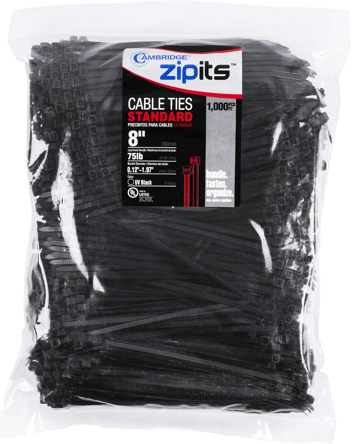 Cambridge ZipIts Cable Ties 8in 75 Lb Tensile Strength