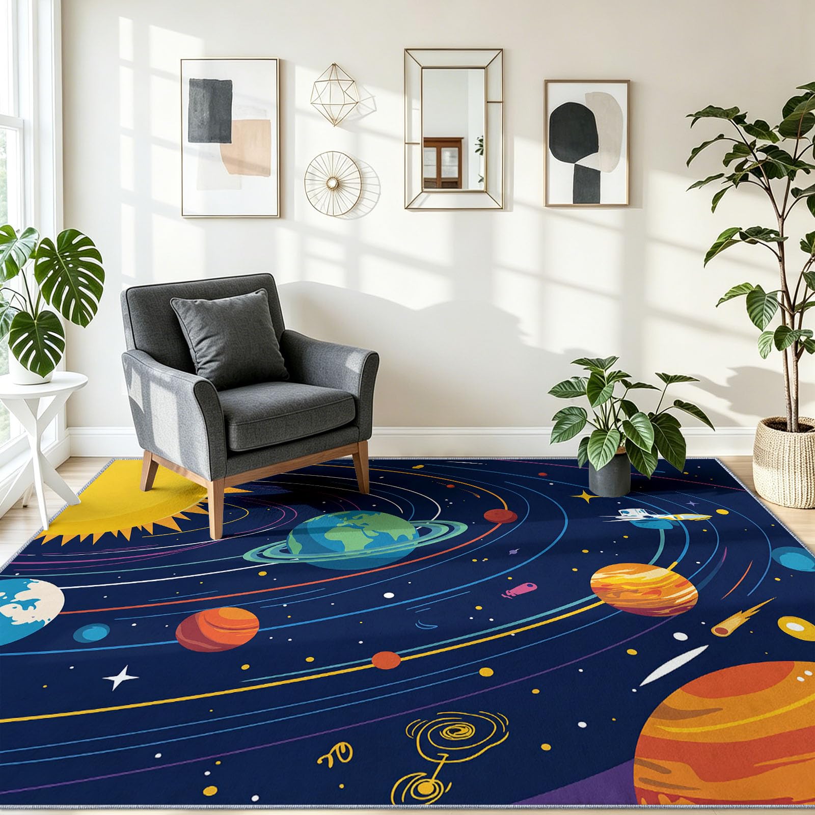 Geometrisch Abstrakt Kinderteppich Sonnensystem Planeten Sternenhimmel Umlaufbahnen, 180 x 240 cm | waschbar Pflegeleicht rutschfest strapazierfähig hautsympathisch, Schlafzimmer Wohnzimmer Esszimmer