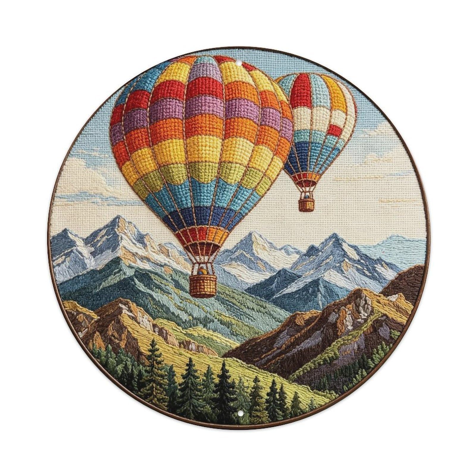 Hot Air Balloon Mountains Embroidery Metal Tin Sign Plaque