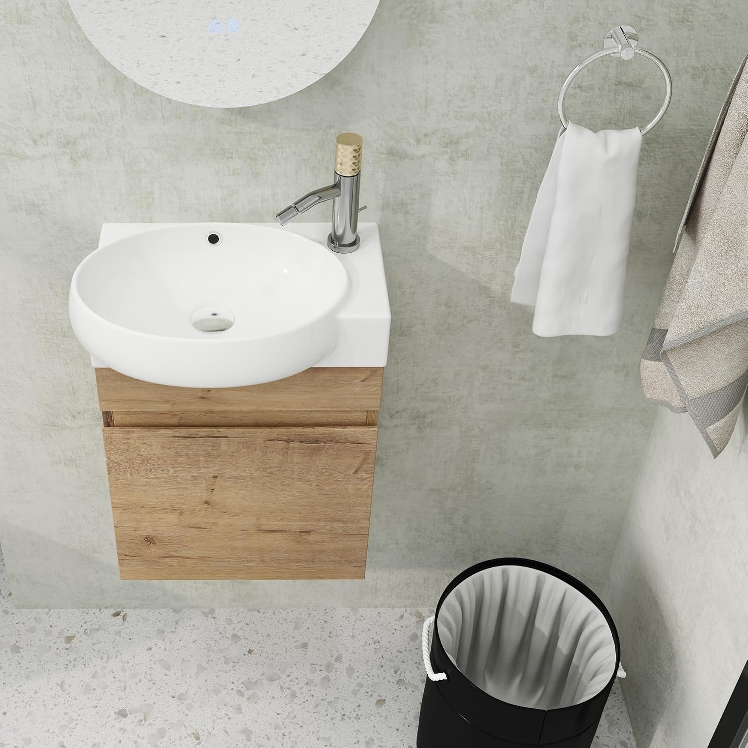 Goujxcy 16 Inch Small Bathroom Vanity with Sink, Wall Mounted Bathroom Vanity Set with Oval Ceramic Sink Basin Top & Wood Storage Cabinet Modern Floating Bathroom Sink Cabinet for Small Place