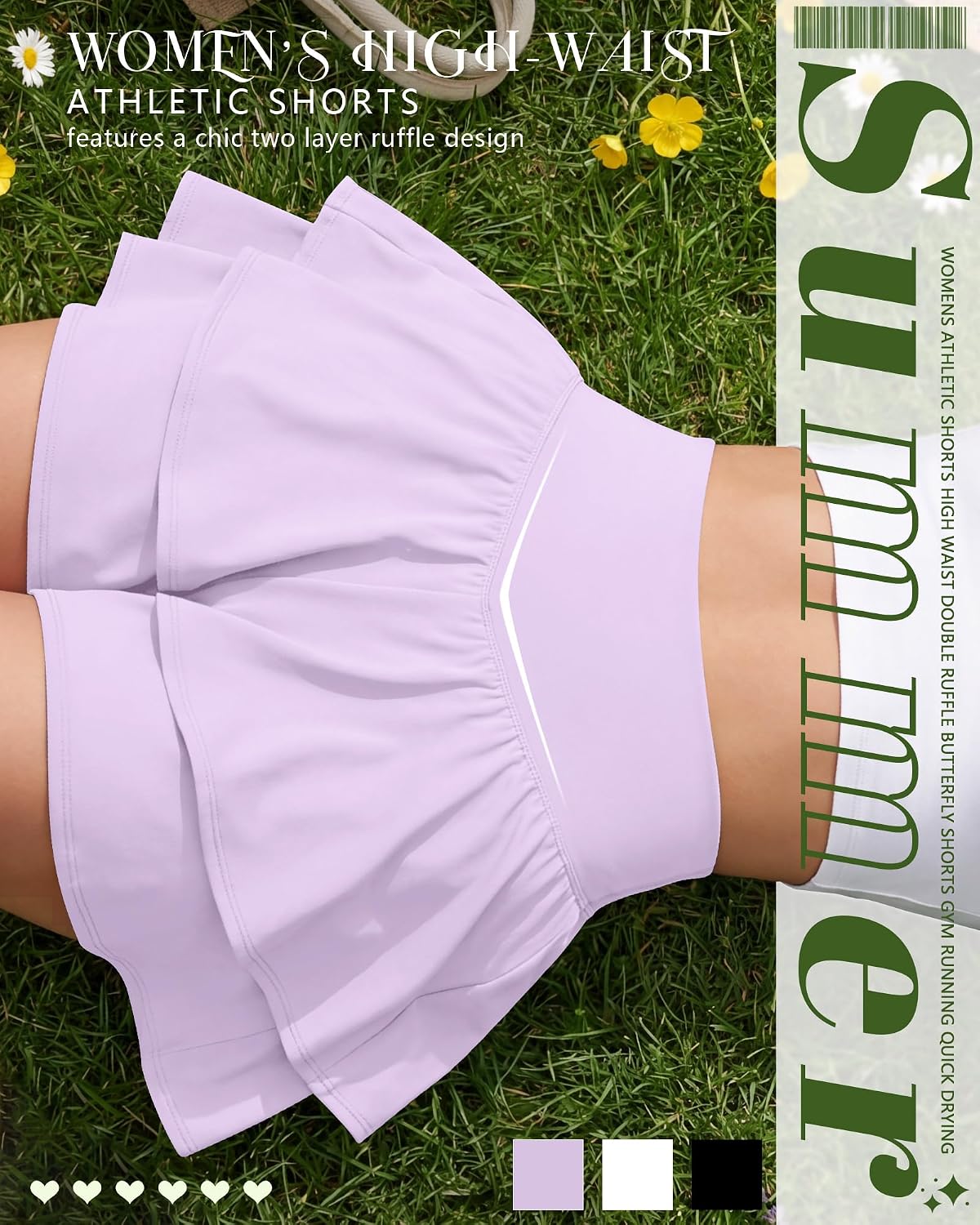 3 Pack Women Tennis Shorts Flowy High Waist Double Ruffle Butterfly Shorts Athletic Golf Workout Shorts with Pockets