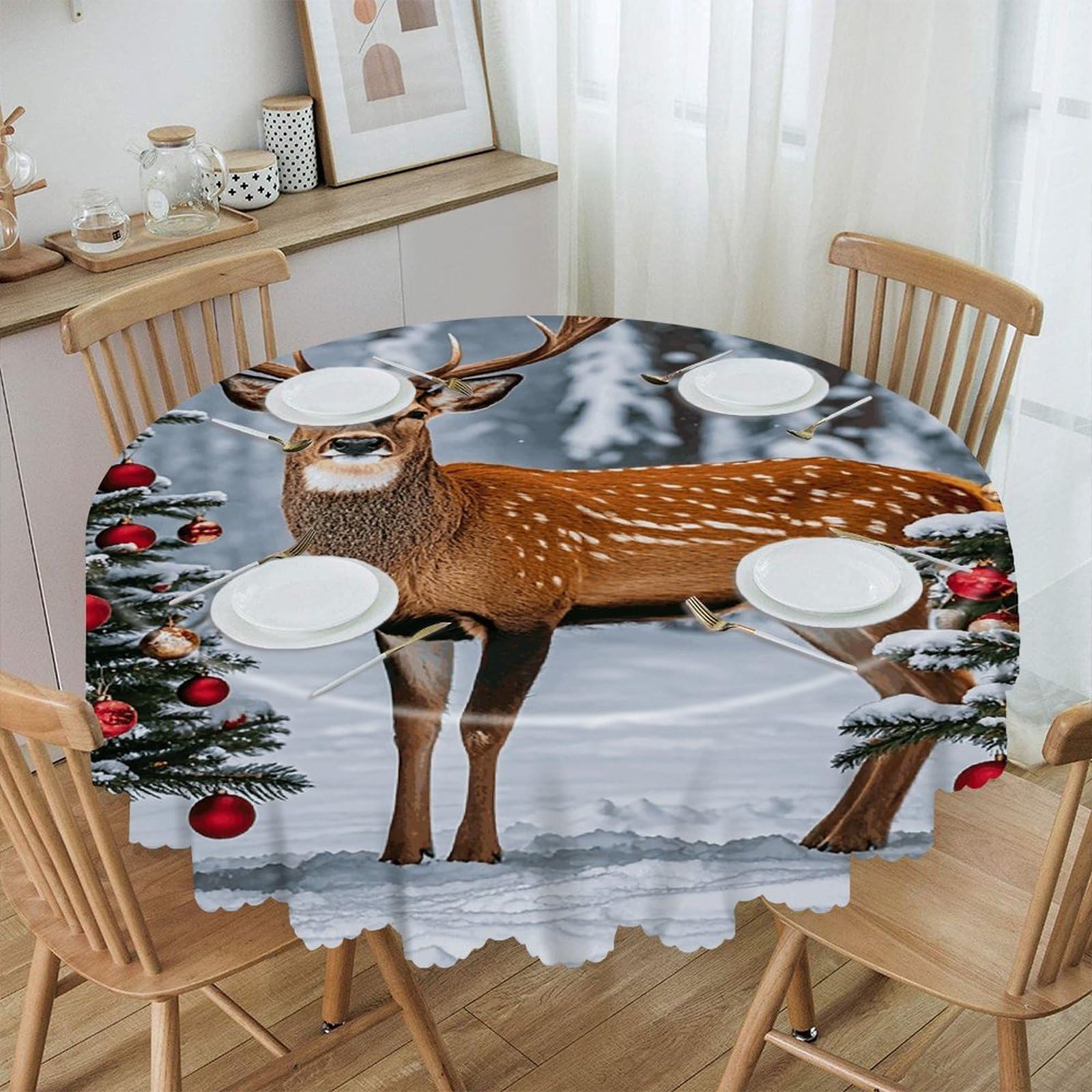 VstaDank Cow Deer Trees Christmas Round Tablecloth Wipeable Round Polyester Tablecloth Waterproof Wrinkle Free Indoor and Outdoor Table Cover 60 Inch Decorative Farmhouse Table Cloth for Dining