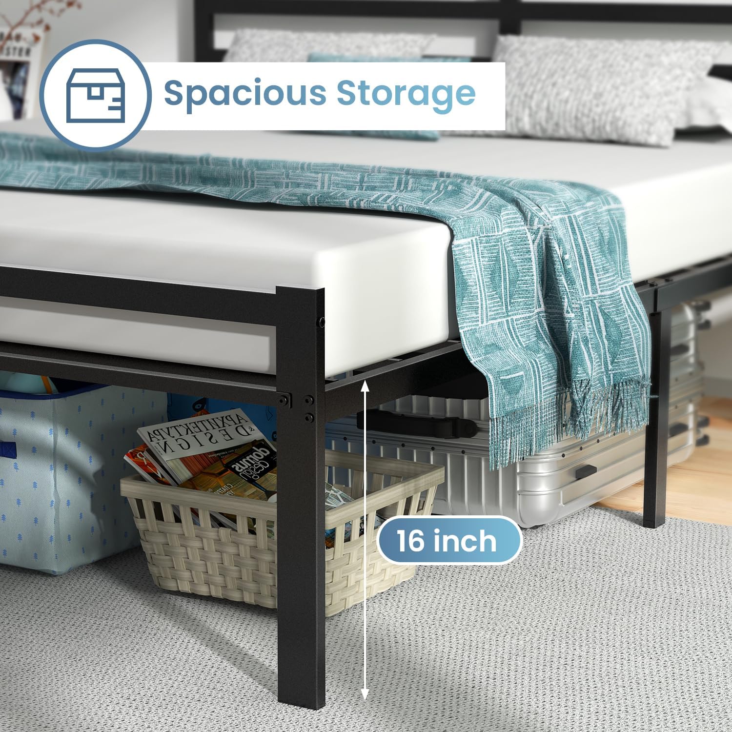 Bed frame showing 16 inch under-bed storage space with baskets and luggage
