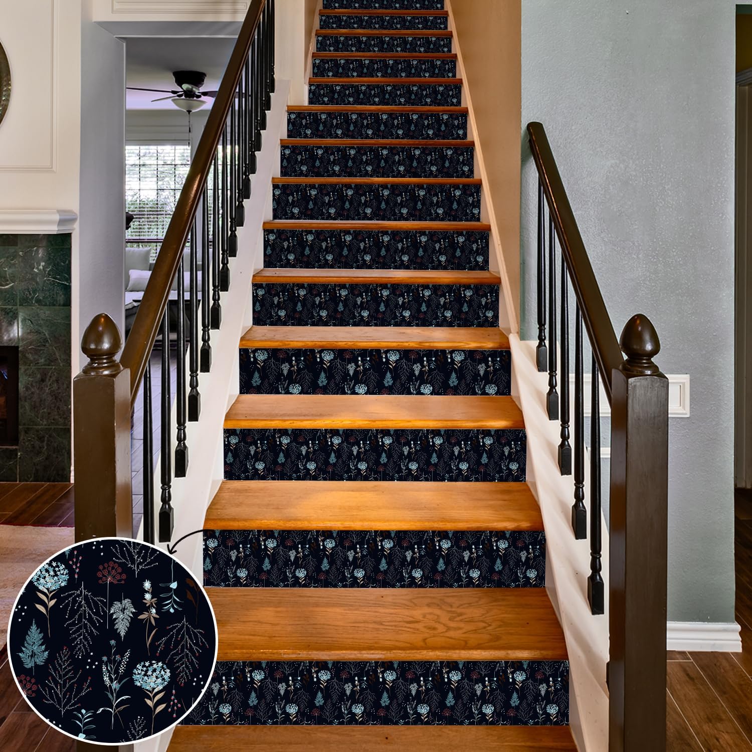 Alwayspon 15 Strips Dark with Blue Floral Peel and Stick Stair Riser Stickers, Self-Adhesive Vinyl Contact Paper Stair Stickers Decals, Waterproof Removable Staircase Murals Decor for Steps Home image 3