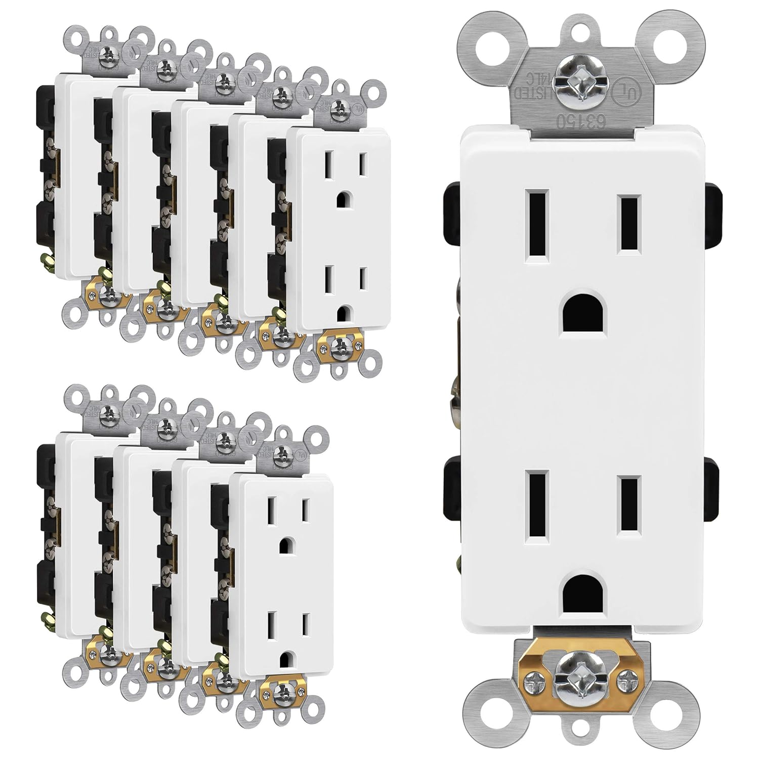 ENERLITES Industrial Grade Decorator Outlet, 15A 125V, Tamper-Resistant Duplex Receptacle, Self-Grounding, 5-15R, 2-Pole, 3-Wire Grounding, UL Listed, 63150-W-10PCS, White (10 Pack)