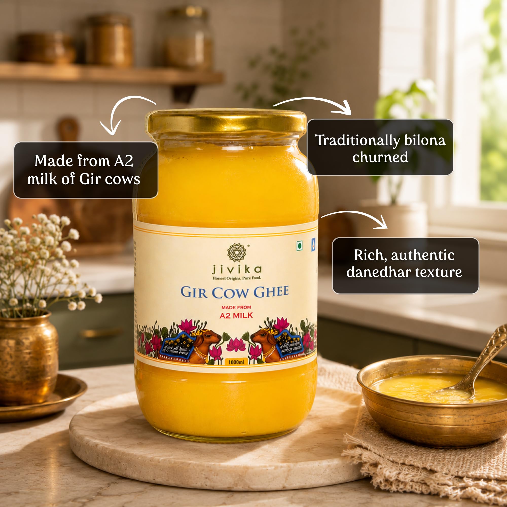 JIVIKA NATURALS Ghee de vaca Gir Gir de alta calidad de 1 litro, probado en leche A2, método védico Bilona, probado en laboratorio, ghee de vaca desi puro, dirección bidireccional, churned from