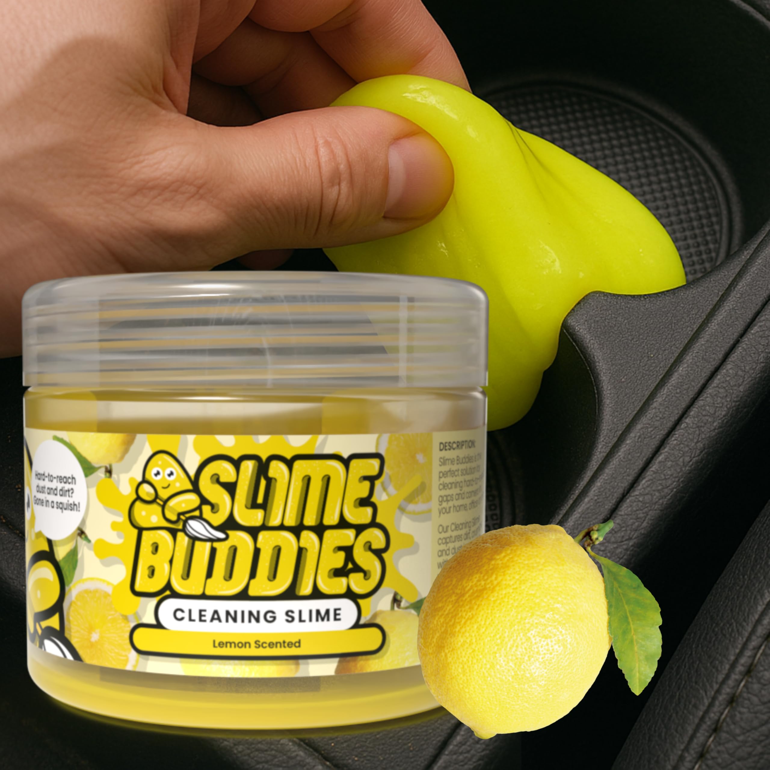 Slime Buddies Car Cleaning Gel Putty - Lemon Scented Interior Detailing Tool for Cup Holders, Air Vents & Keyboard - Reusable Auto Detailing