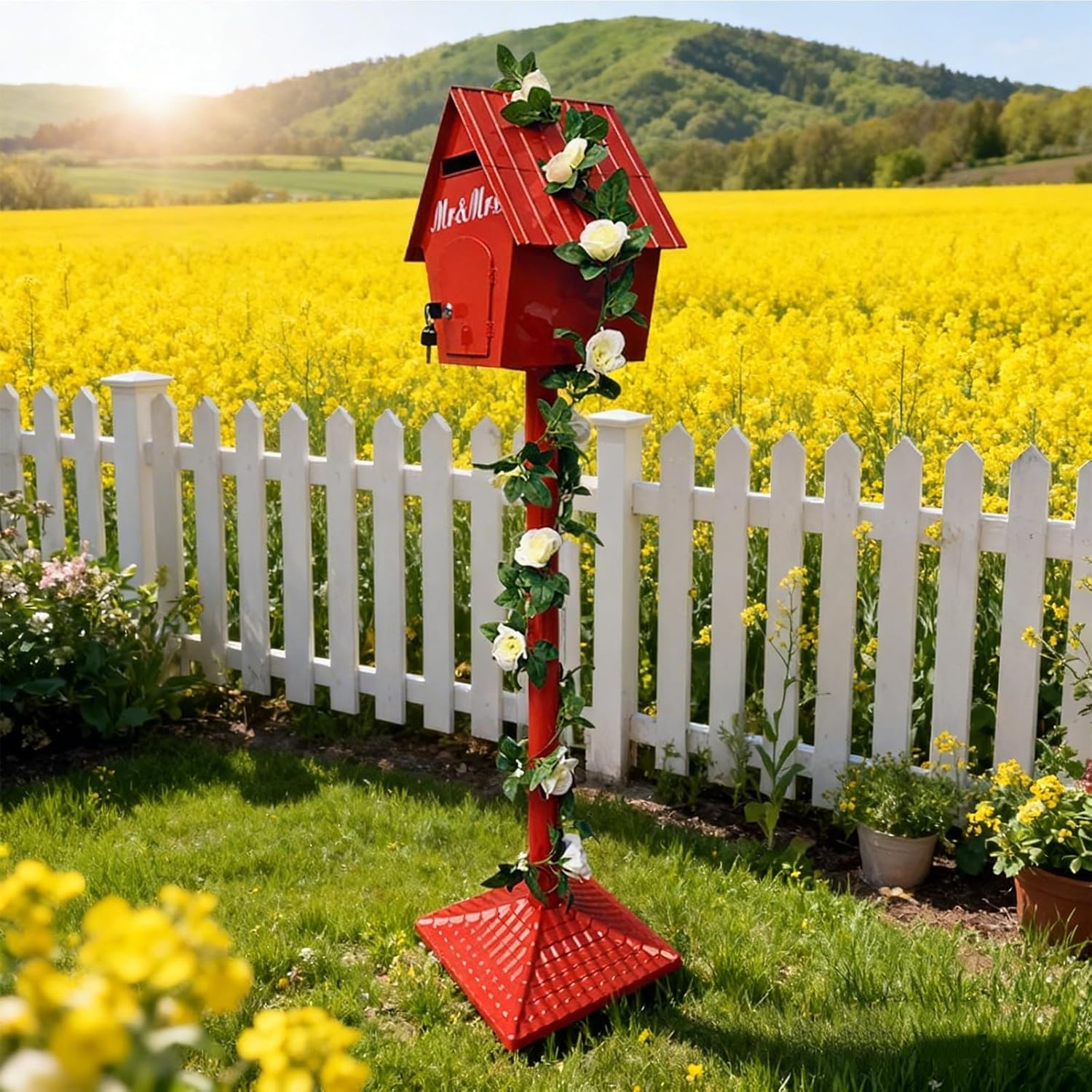 Post Mount Mailbox, Large Iron Post Mounted Mail Box with Base Lock Key and Plastic Flower Vine, Spring-Style Forest Cabin Letterbox for Garden/Courtyard Decoration(D)