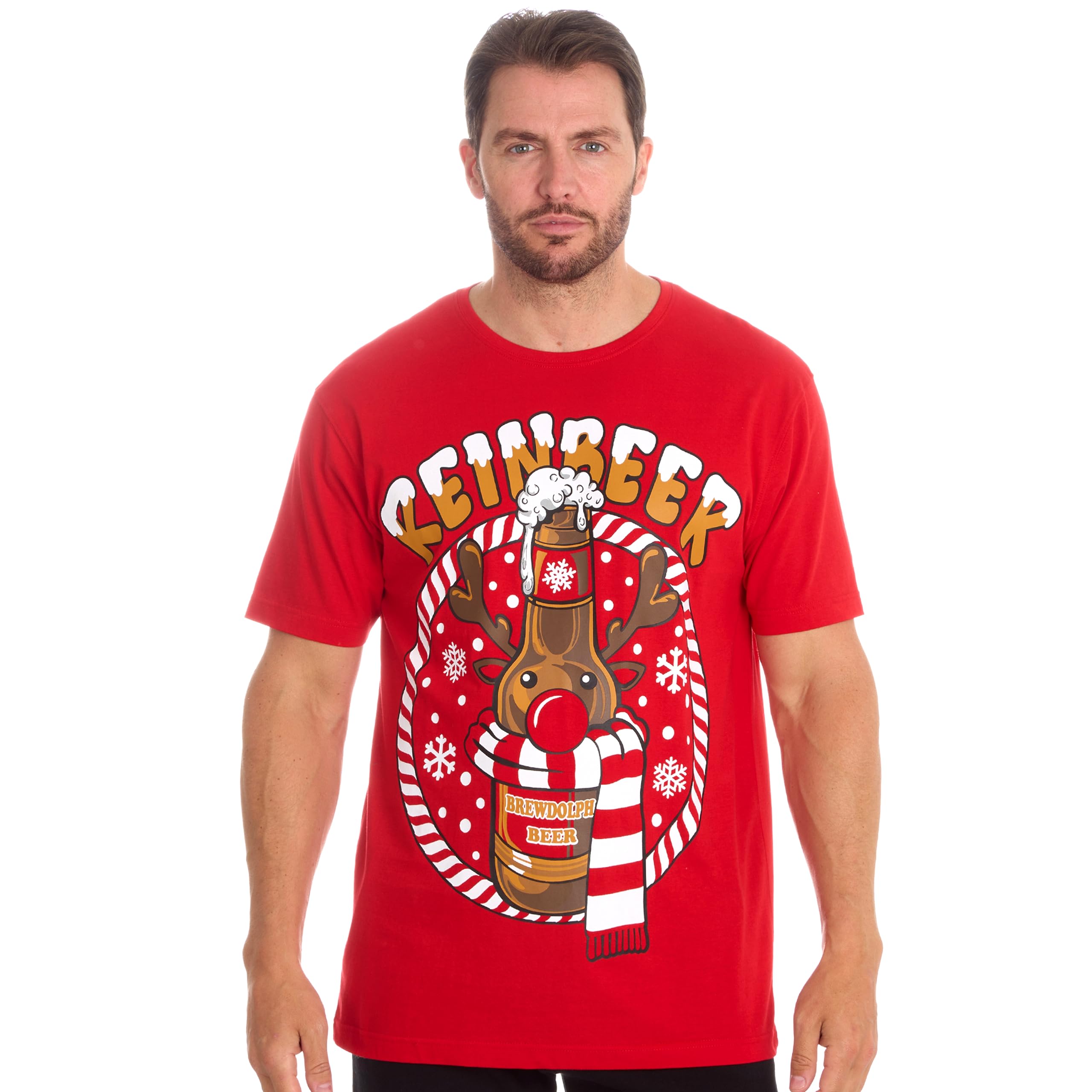 Metzuyan WS-AW23 Mens Christmas Funny Xmas Themed T-Shirts Funky Festive Print Reinbeer Reindeer Bear L
