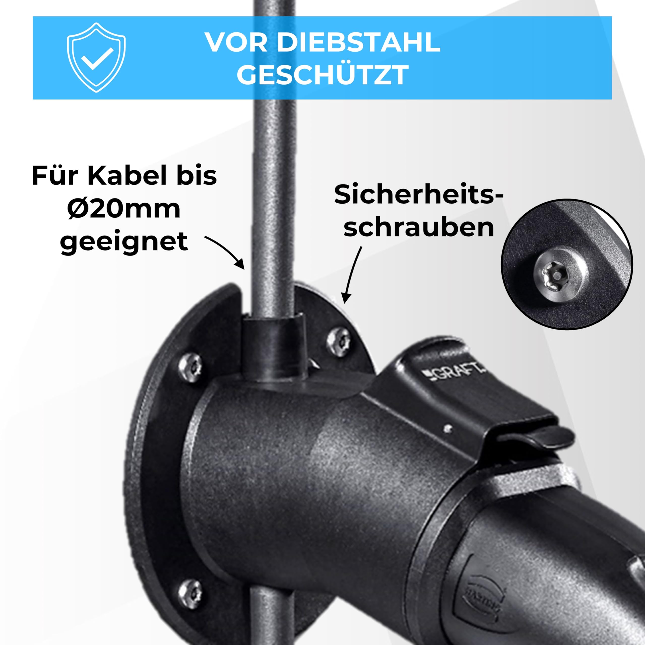 Graft Ladekabel Typ 2 Wandhalterung | Wandhalter für Elektroauto mit IEC 62196-2 Stecker | Zubehör für Type 2 Wallbox Ladestation inklusive Diebstahlsicherung für Kabel und Ladegerät