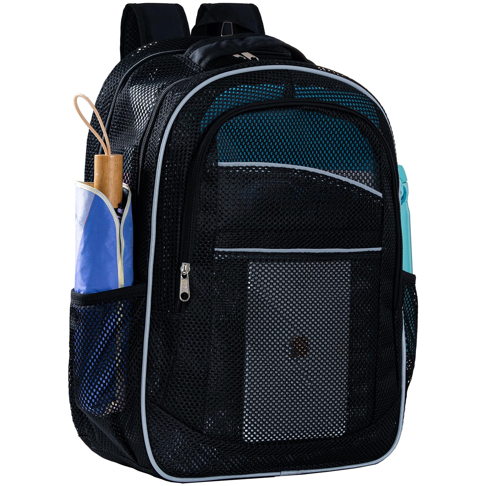XLarge Mesh Backpack for School 33L with Reflective Strips, See Through Travel Backpack for Women Men Beach Outdoor