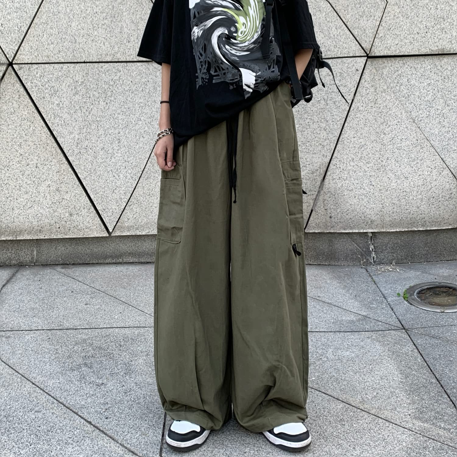 Gotyckie spodnie cargo Harajuku Y2K damskie joggery z szerokimi nogawkami hipisowskie moda uliczna luźne luźne spodnie, Zielony wojskowy, XL