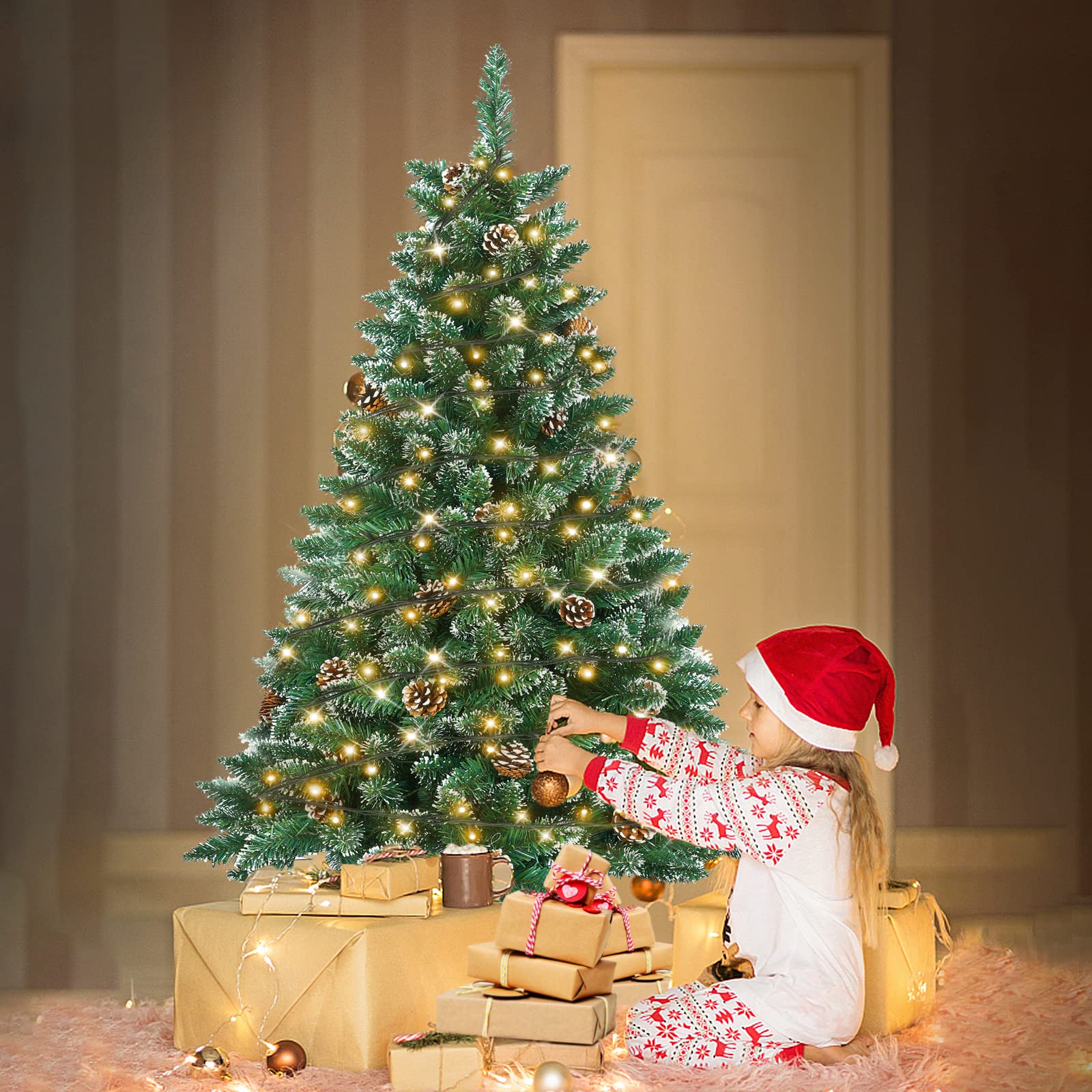 LILIIN 150CM Weihnachtsbaum Künstlich, Tannenbaum mit Beleuchtung, Kunstbaum Weiß&Grün mit Schnee-Effekt+Kiefernzapfen, PVC Christbaum inkl. Ständer(1.5M, Mit Beleuchtung)