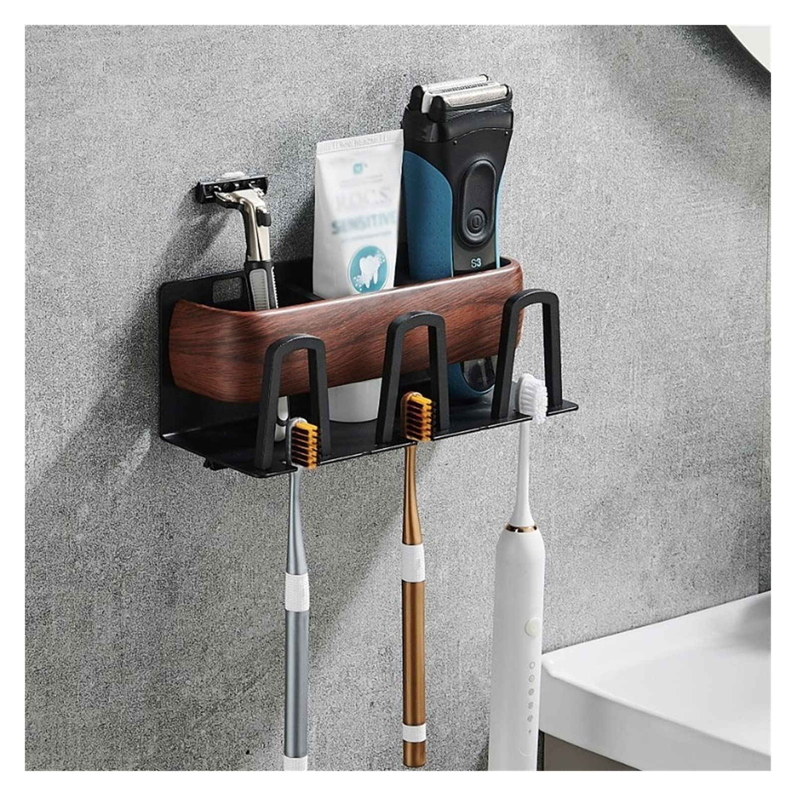 Estante Para Cepillos de Dientes Soporte de cepillo de dientes de grano de madera montada en la pared estante de almacenamiento multifuncional soporte for la pasta de dientes del baño con accesorios d