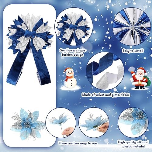 Miniatura 6 de Lazo para la decoración del árbol de Navidad de 10 x 13 pulgadas y 12 piezas de flores de pascua artificiales doradas y rojas de 5.5 pulgadas, juego