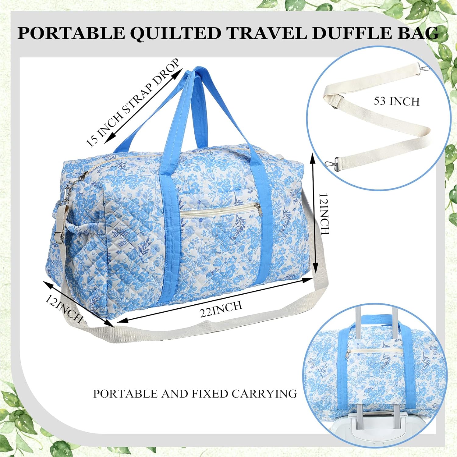 Large Quilted Travel Duffle Bag for Women Floral Portable Gym Weekender Bag with Zipper Pockets Workout Grocery Pouch Duffle Gift Pouch for Work(Blue Floral) - Image 6