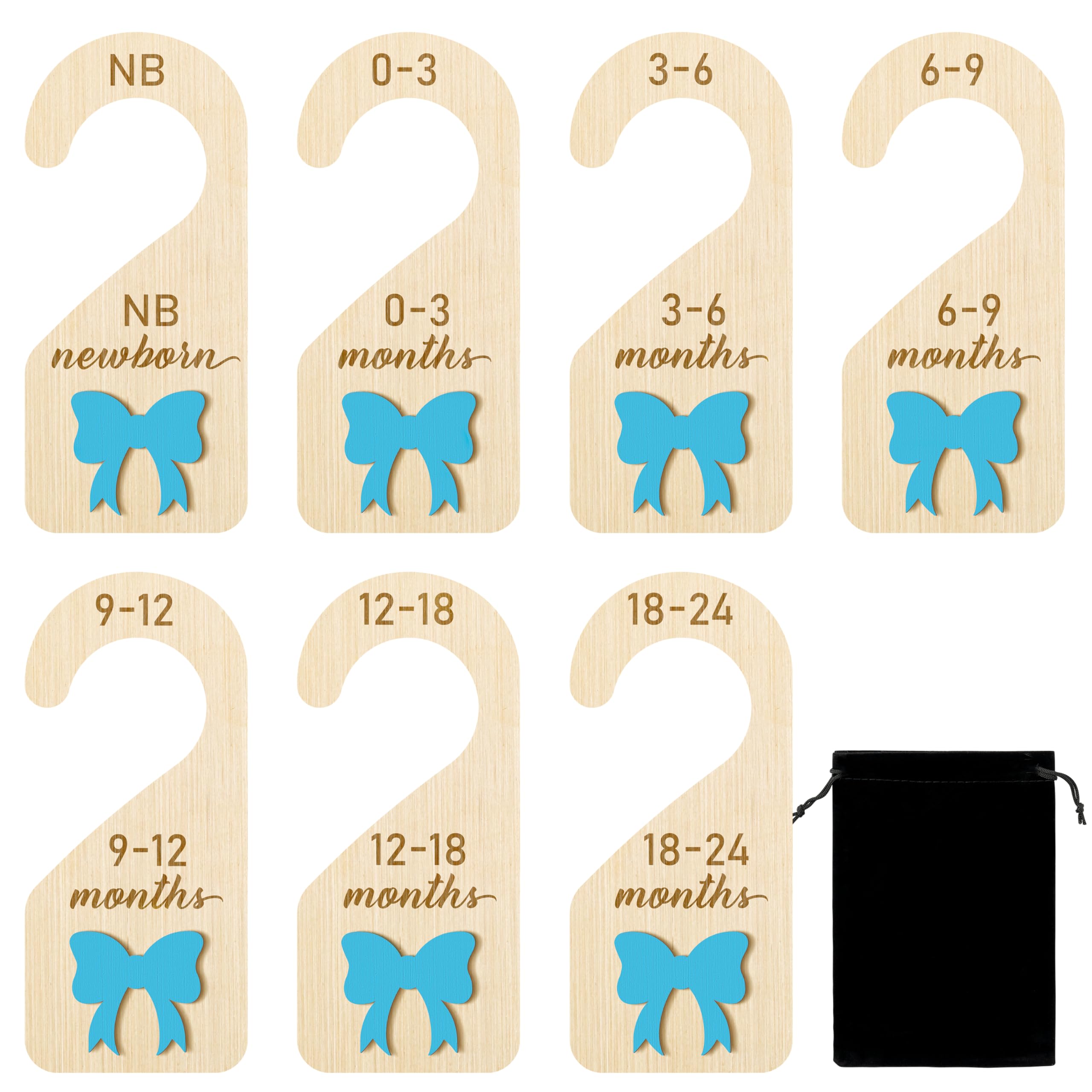 R HORSE Wooden Baby Closet Dividers - 3D Coquette Blue Bow Baby Closet Organizer, 8Pcs Double-Sided Newborn Clothes Size Hanger Dividers, Nursery