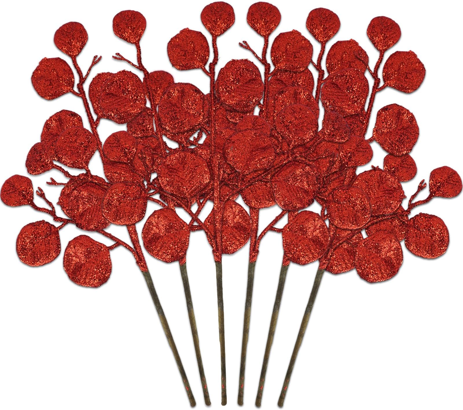 unlemoni 6PCS Red Christmas Tree Picks and Sprays 16.9" Christmas Red Eucalyptus Leaves Glitter Stems for Winter Xmas Tree Topper Wedding Vase Bouquets Flower Arrangment DIY Table Centerpieces Decor