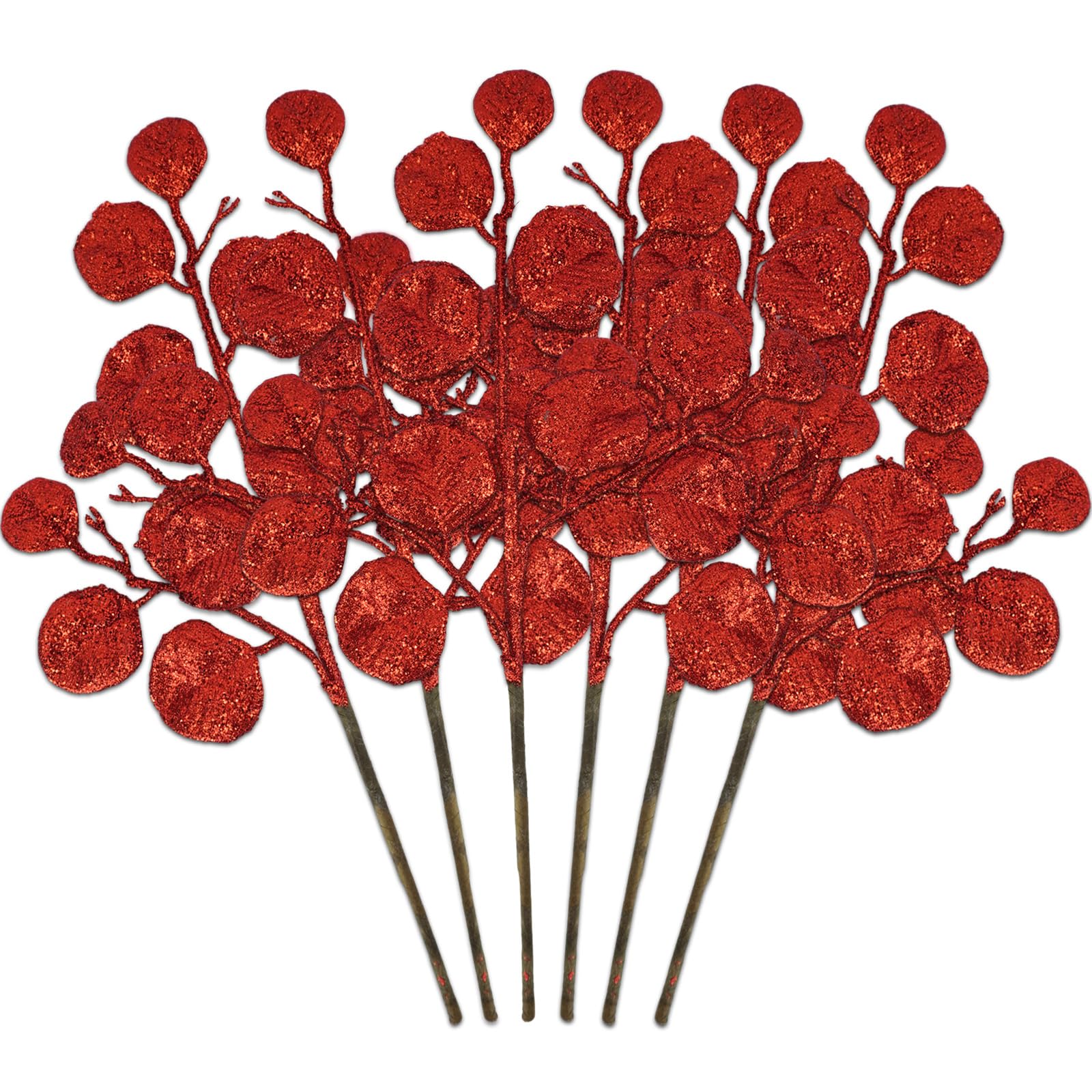 unlemoni 6PCS Red Christmas Tree Picks and Sprays 16.9" Christmas Red Eucalyptus Leaves Glitter Stems for Winter Xmas Tree Topper Wedding Vase Bouquets Flower Arrangment DIY Table Centerpieces Decor
