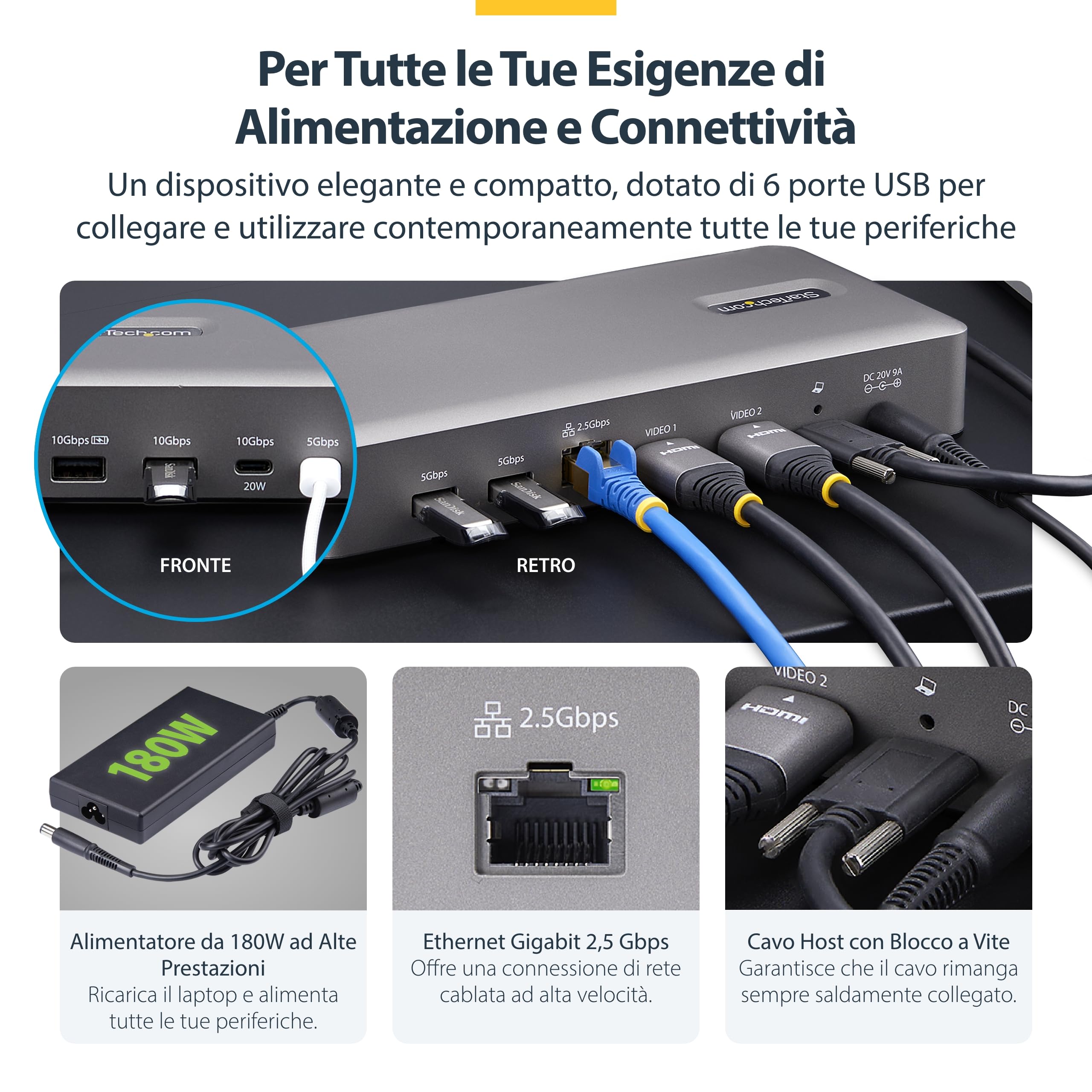 StarTech Dock USB4 Doppio 4K 120Hz o 8K 60Hz HDMI, 100W, 2.5GbE, Driverless | Uscita singola 8K a 60Hz o doppia 4K a 120Hz, Ideale per Windows e Mac, Plug and play