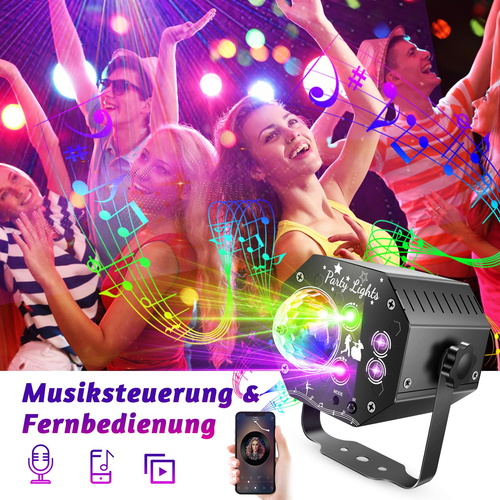 Nauotk 5 in 1 Discolicht Partylicht, Musikgesteuert Disco Licht mit Fernbedienung, 360° Drehung Discokugel licht mit Stroboskop, UV Schwarzlicht, Sprachsteuerte DJ Partylichter